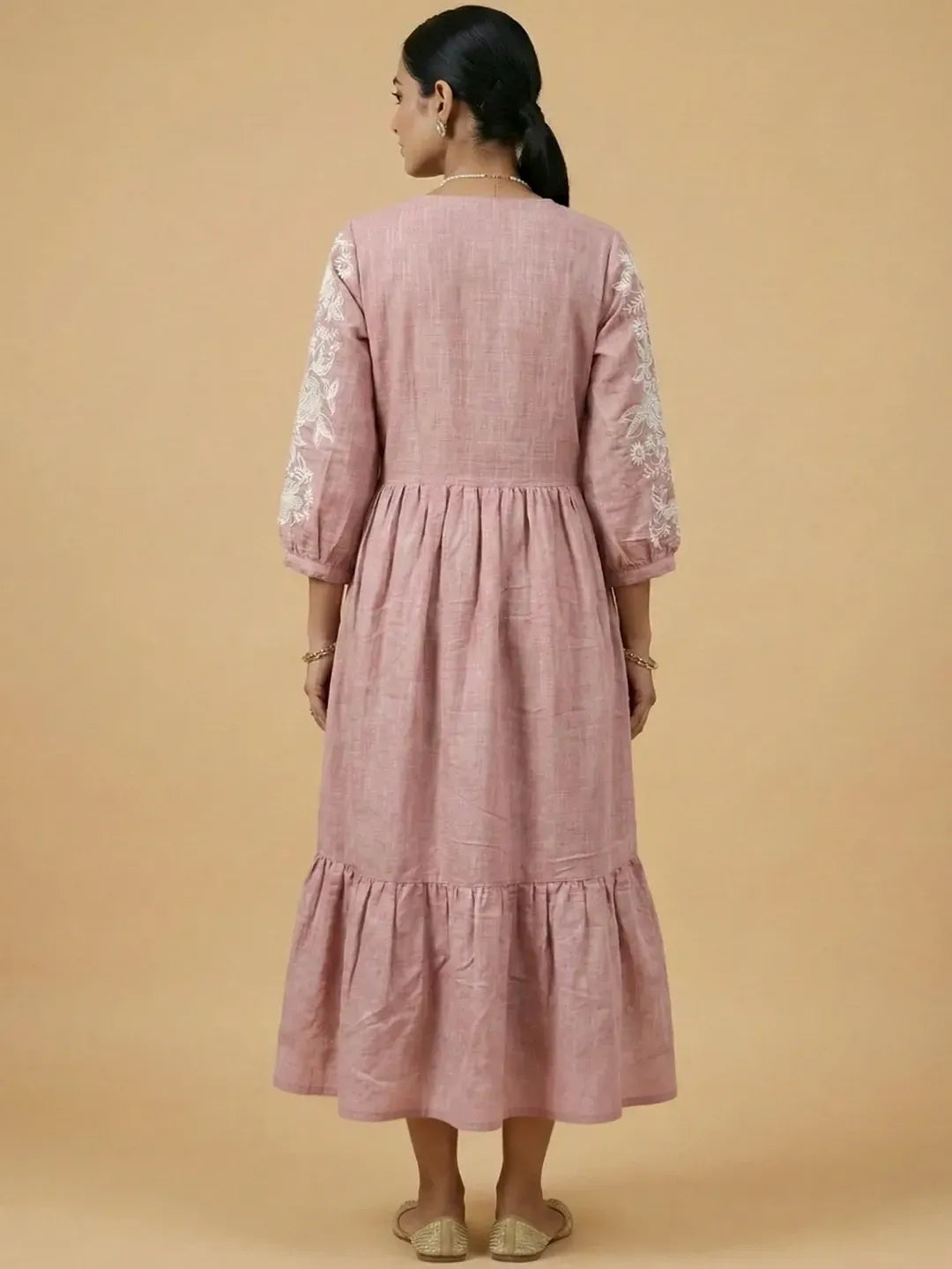 Dawn Pink Chambray Floral Embroidered Tiered Dress