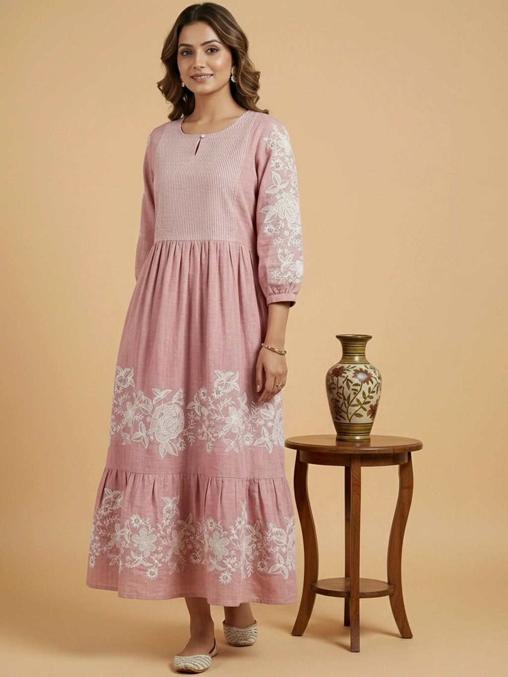 Dawn Pink Chambray Floral Embroidered Tiered Dress