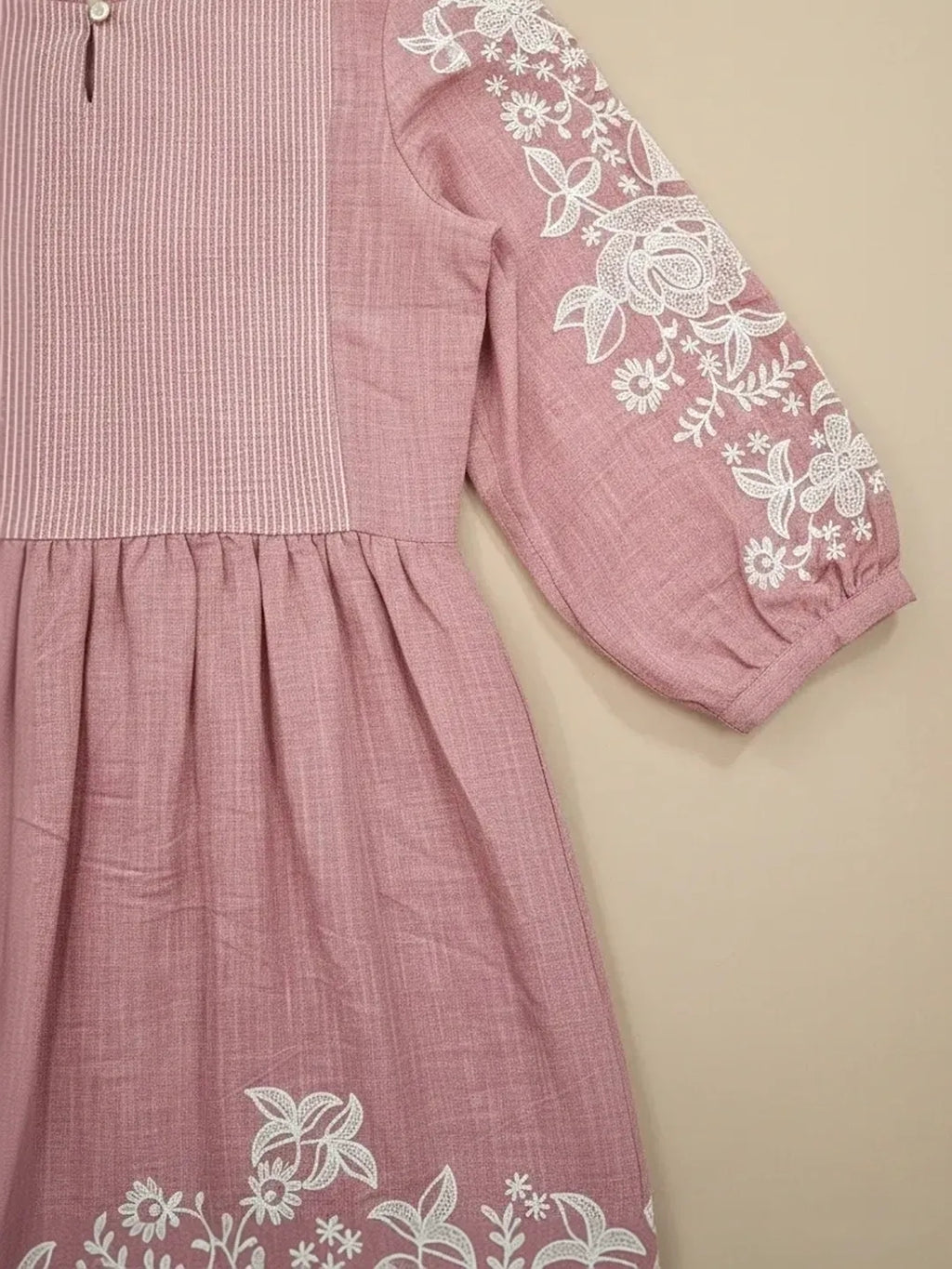 Dawn Pink Chambray Floral Embroidered Tiered Dress