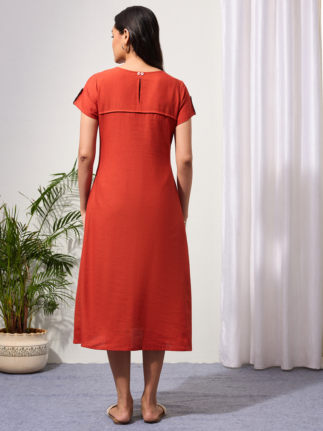 Copper Rust Cotton Linen Dress with Ajrakh Printed Pockets