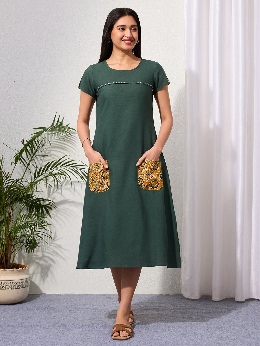 Pine Green Cotton Linen Dress with Ajrakh Printed Pockets