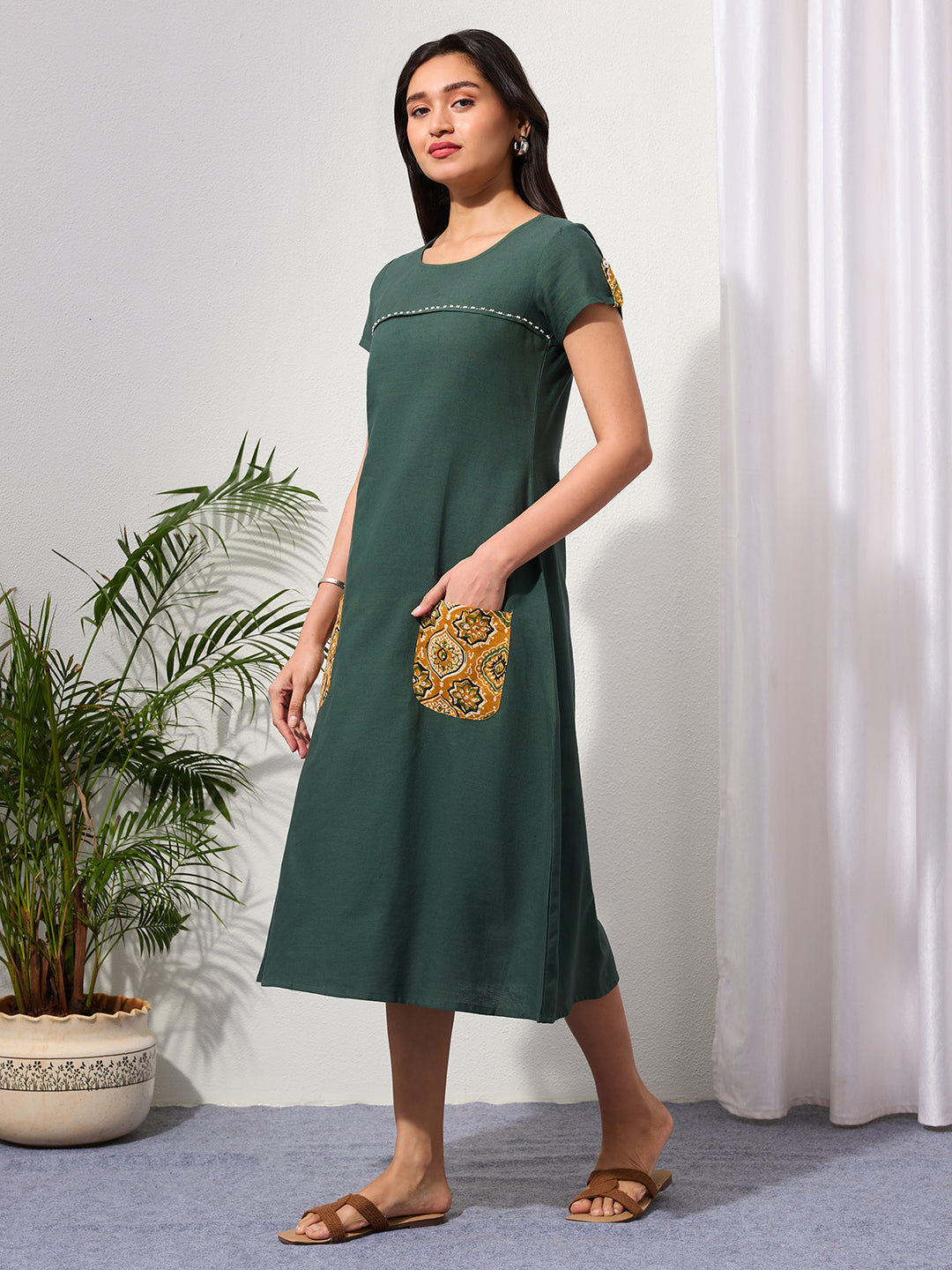 Pine Green Cotton Linen Dress with Ajrakh Printed Pockets