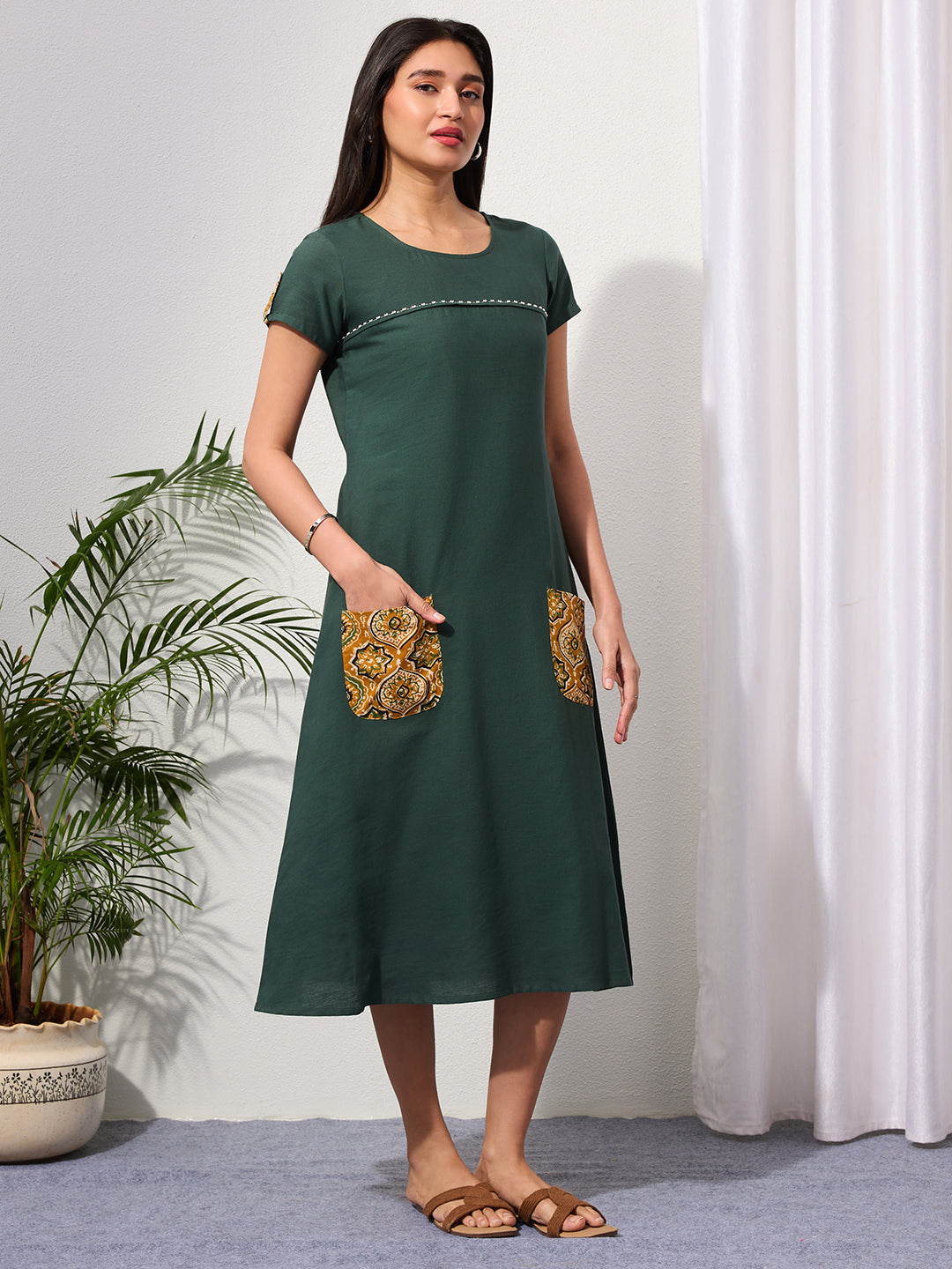 Pine Green Cotton Linen Dress with Ajrakh Printed Pockets