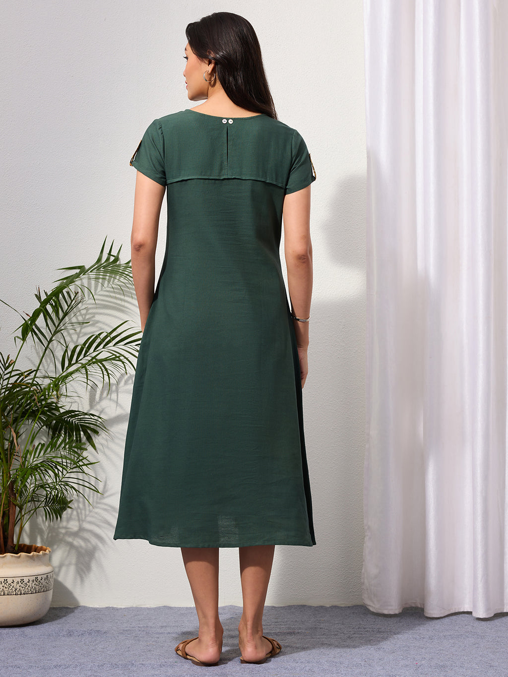 Pine Green Cotton Linen Dress with Ajrakh Printed Pockets