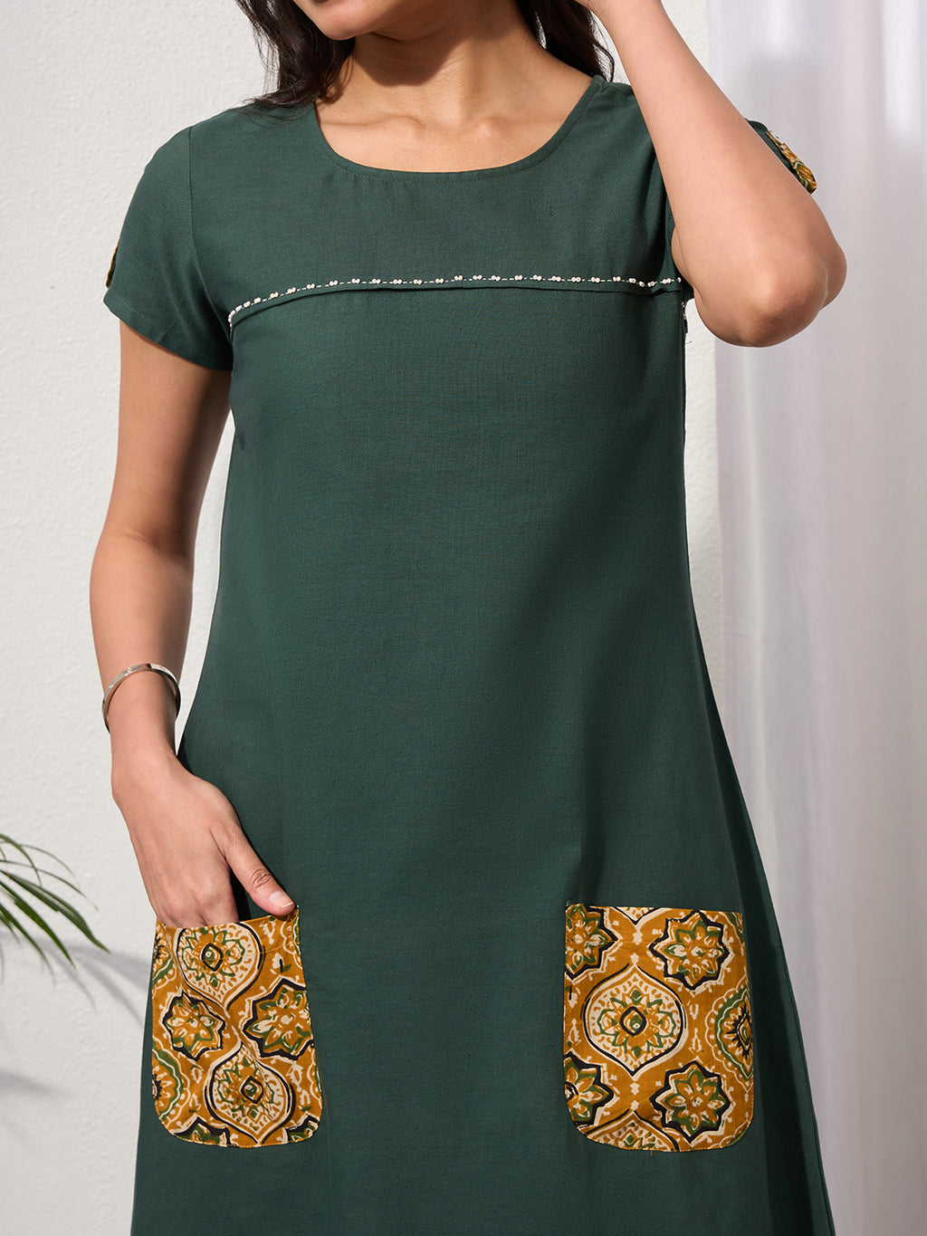 Pine Green Cotton Linen Dress with Ajrakh Printed Pockets