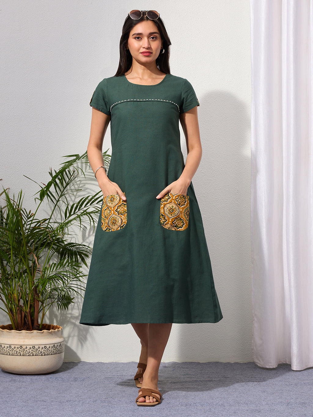 Pine Green Cotton Linen Dress with Ajrakh Printed Pockets