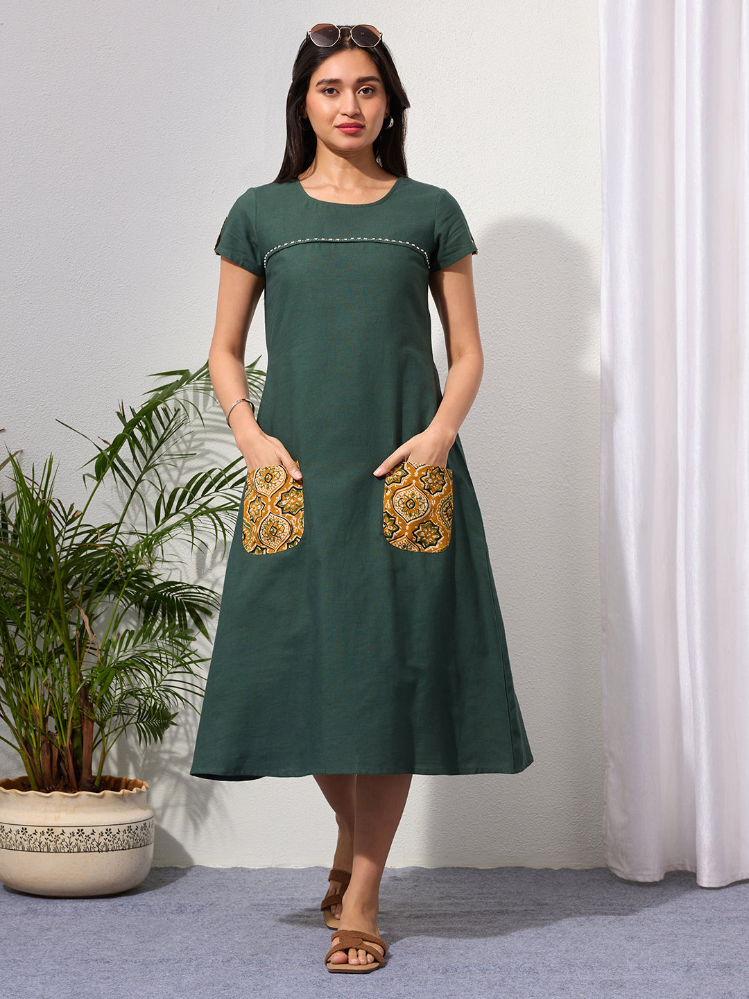 Pine Green Cotton Linen Dress with Ajrakh Printed Pockets