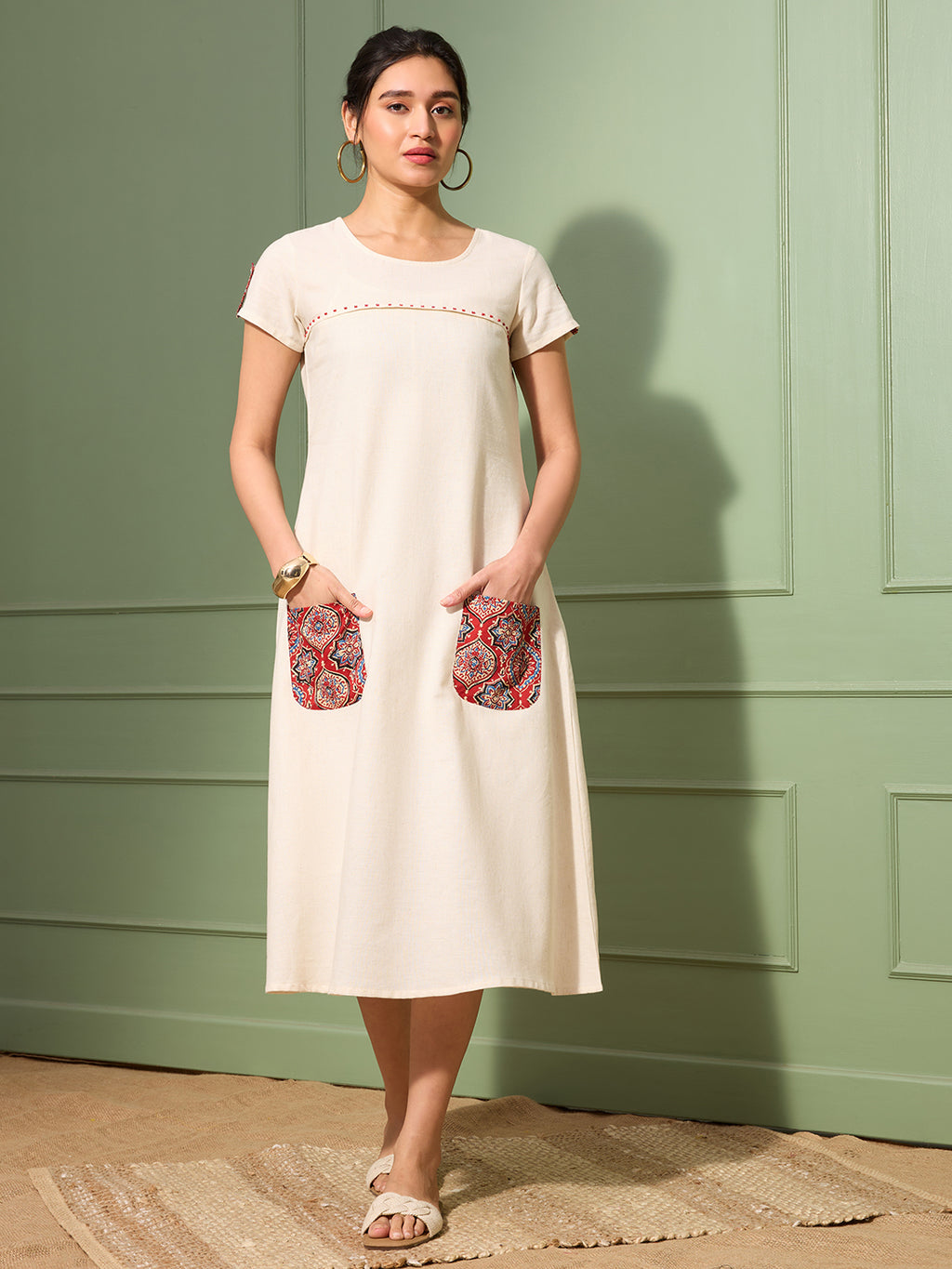 Natural Cotton Linen Dress with Ajrakh Printed Pockets