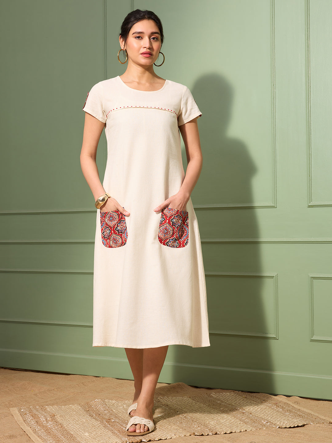 Natural Cotton Linen Dress with Ajrakh Printed Pockets