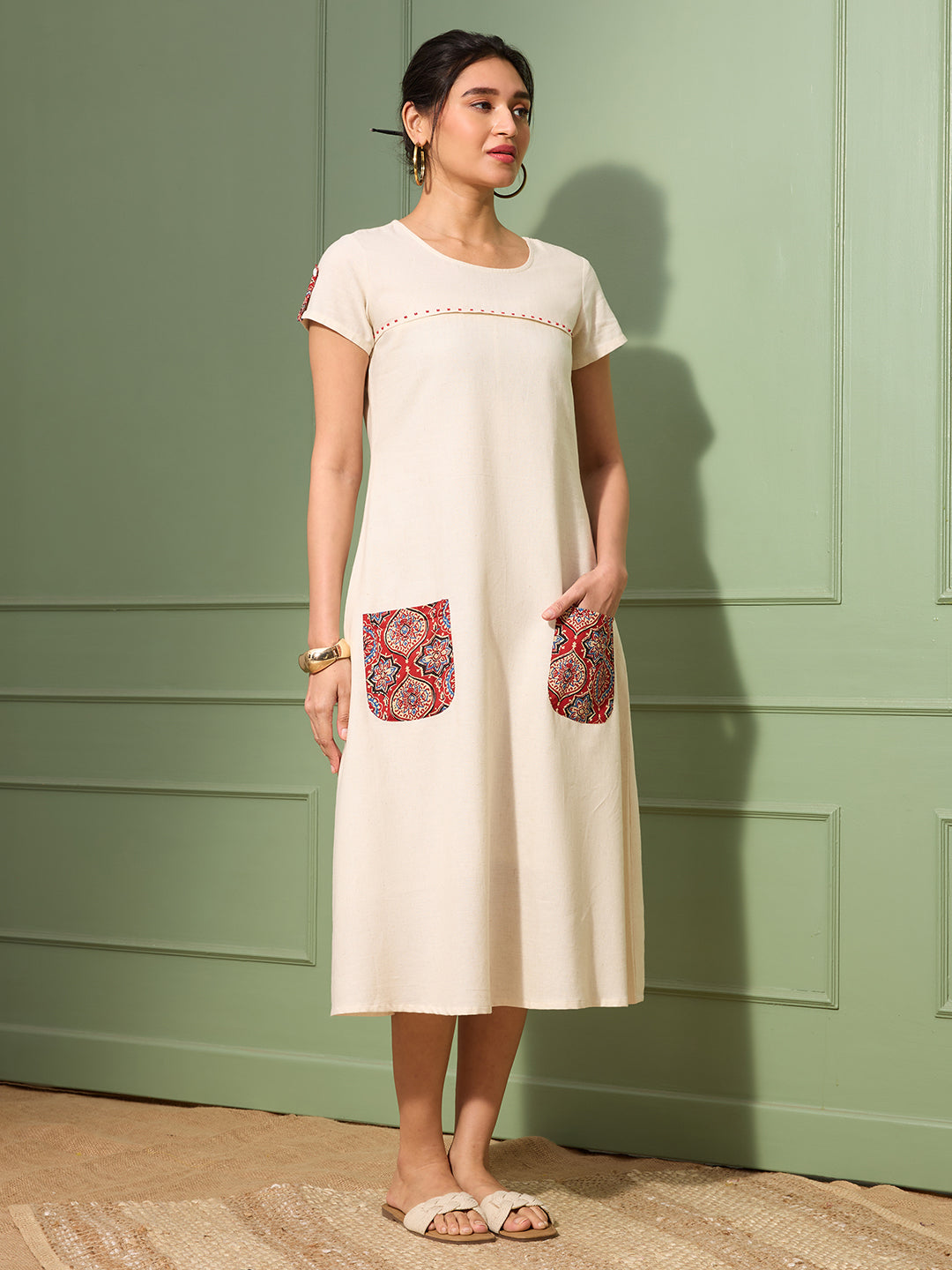 Natural Cotton Linen Dress with Ajrakh Printed Pockets
