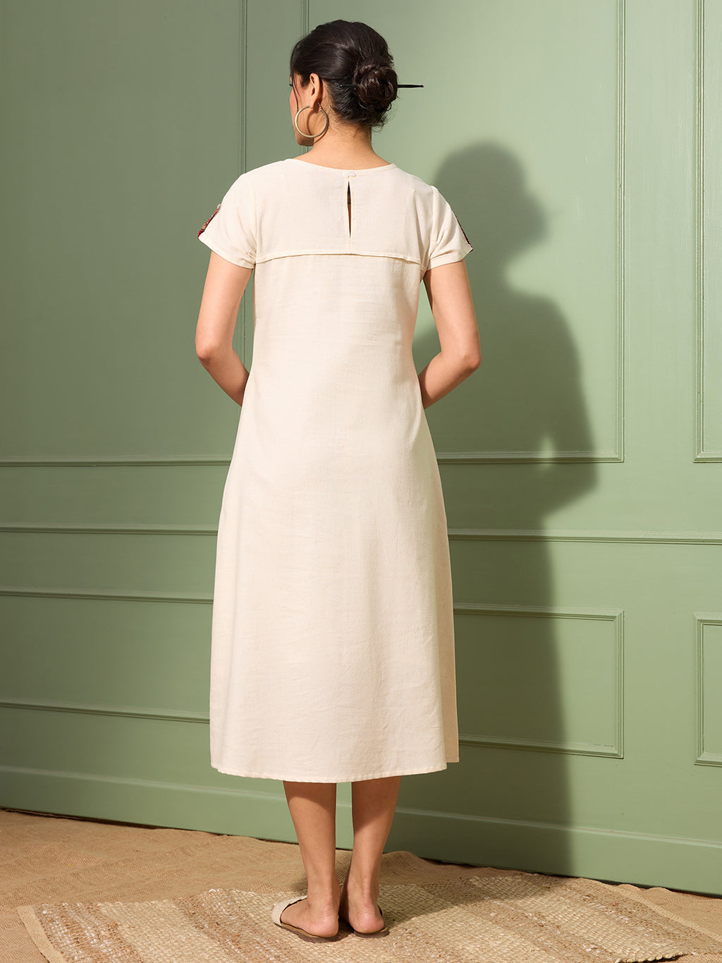 Natural Cotton Linen Dress with Ajrakh Printed Pockets