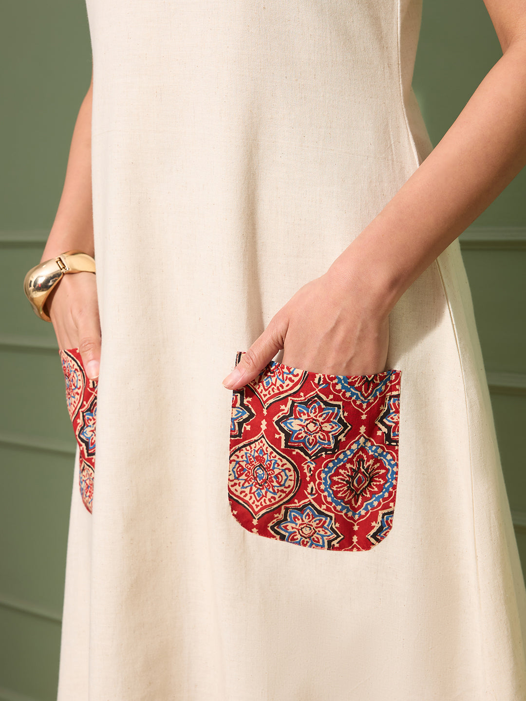 Natural Cotton Linen Dress with Ajrakh Printed Pockets