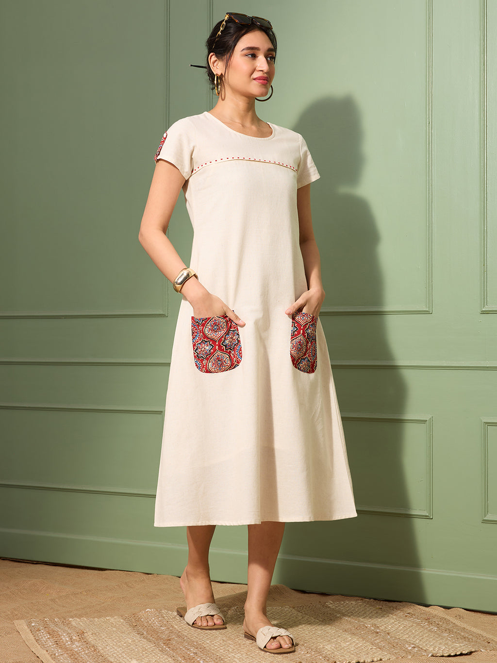 Natural Cotton Linen Dress with Ajrakh Printed Pockets