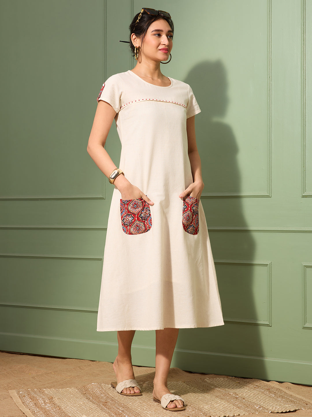 Natural Cotton Linen Dress with Ajrakh Printed Pockets
