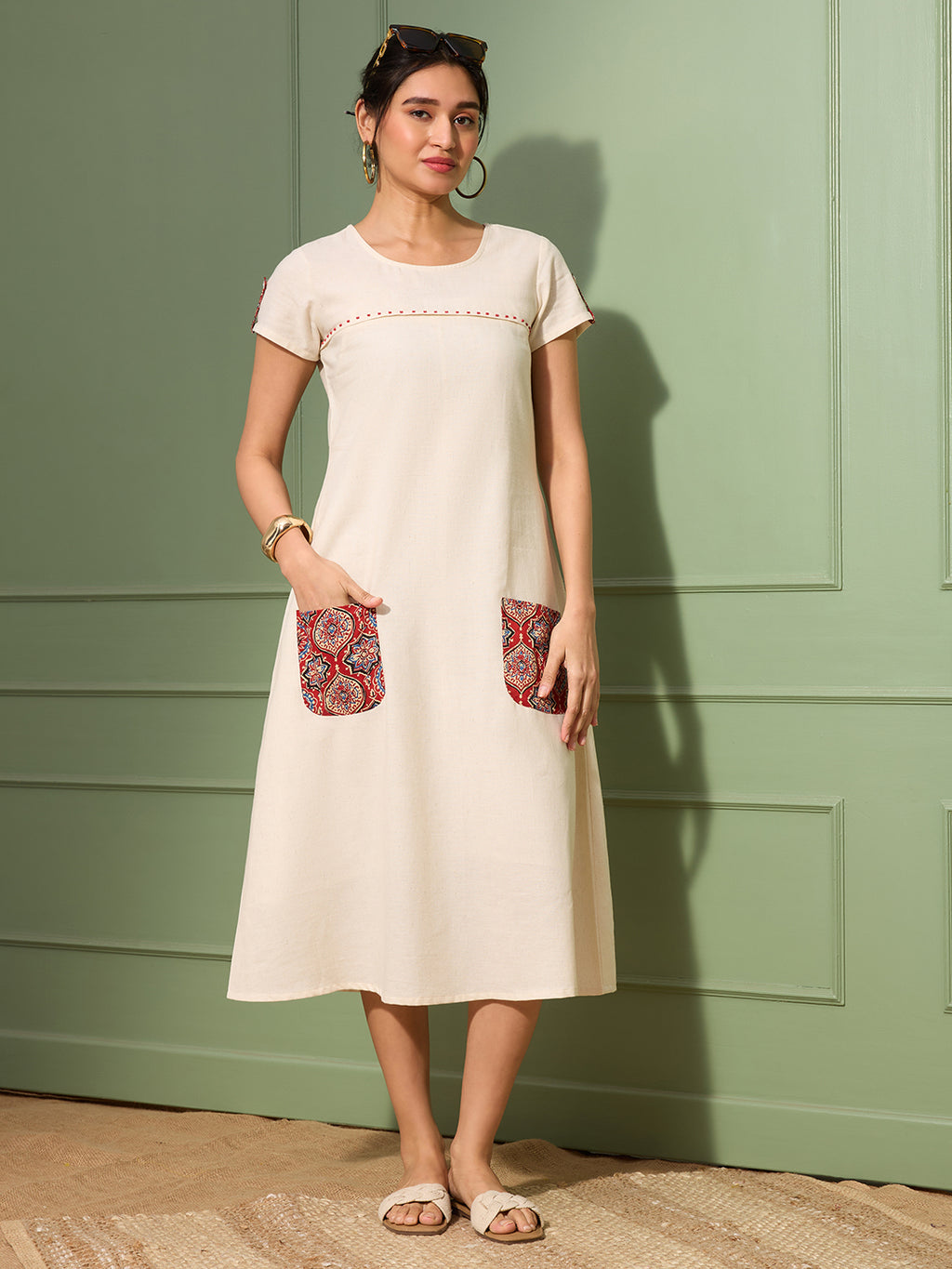 Natural Cotton Linen Dress with Ajrakh Printed Pockets