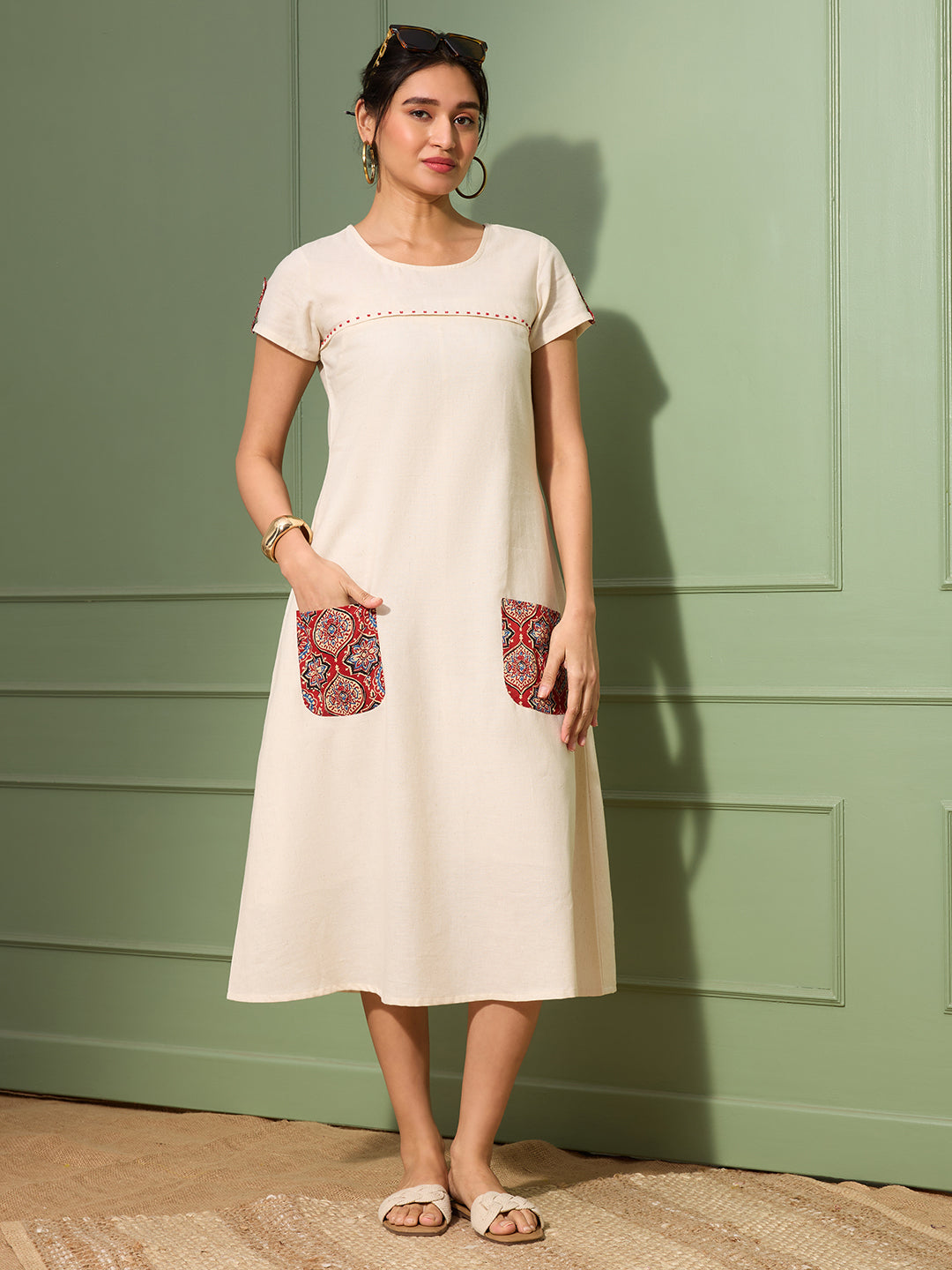 Natural Cotton Linen Dress with Ajrakh Printed Pockets