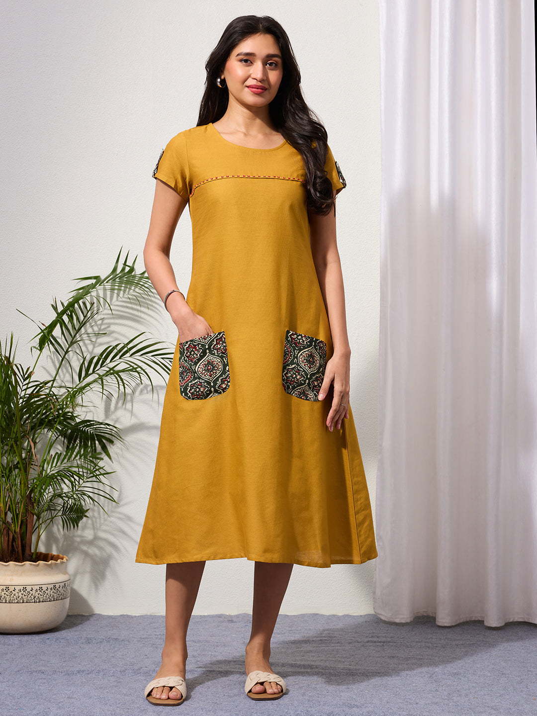 Warm Mustard Cotton Linen Dress with Ajrakh Printed Pockets