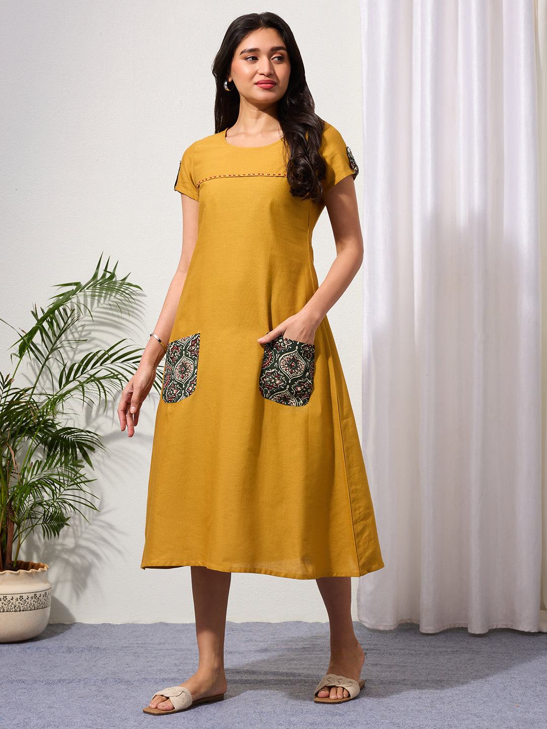 Warm Mustard Cotton Linen Dress with Ajrakh Printed Pockets