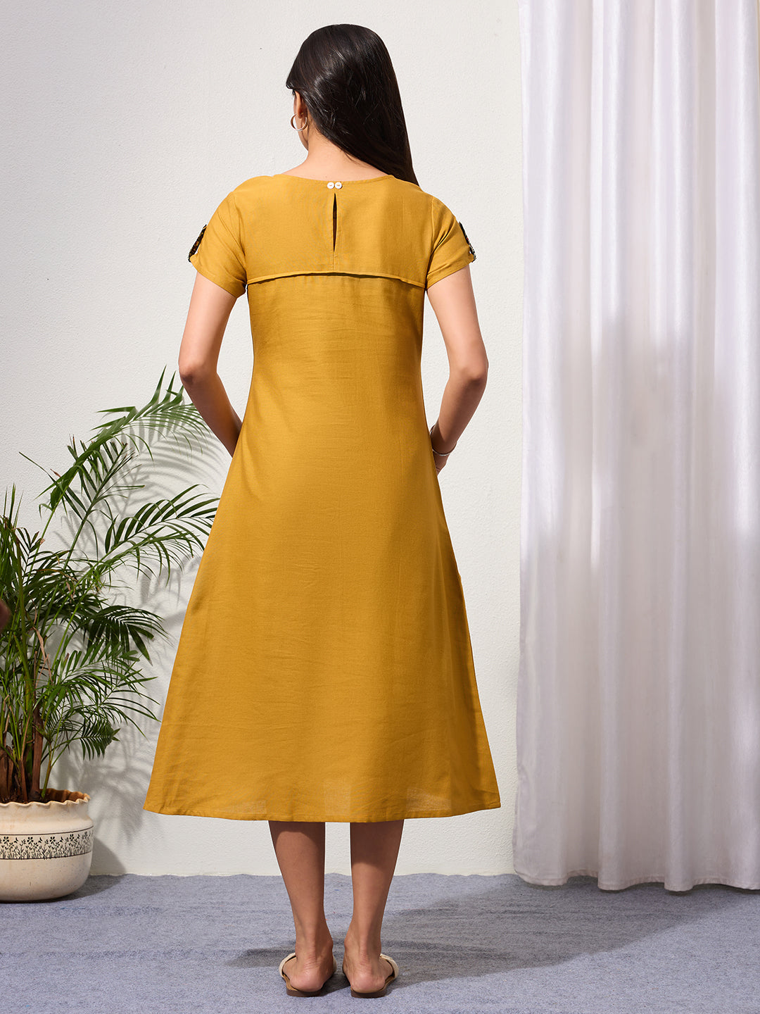 Warm Mustard Cotton Linen Dress with Ajrakh Printed Pockets