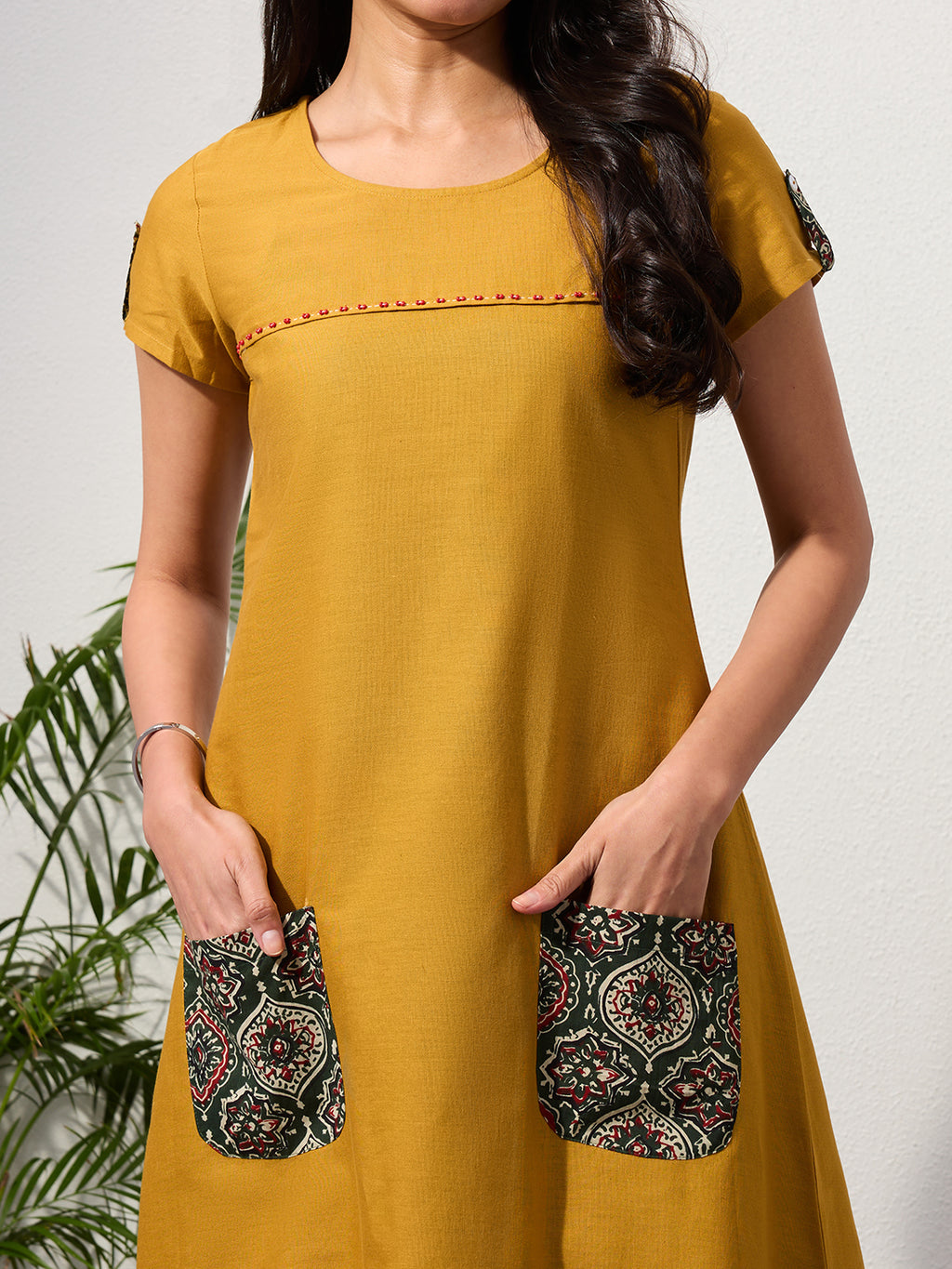 Warm Mustard Cotton Linen Dress with Ajrakh Printed Pockets