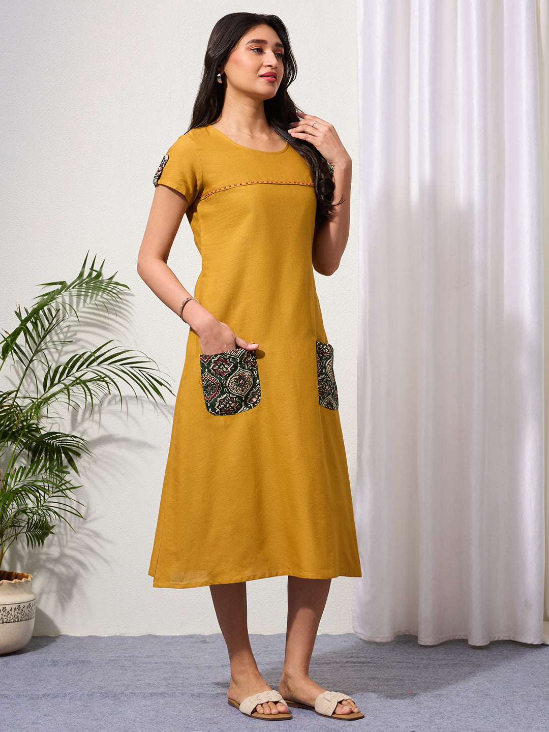 Warm Mustard Cotton Linen Dress with Ajrakh Printed Pockets