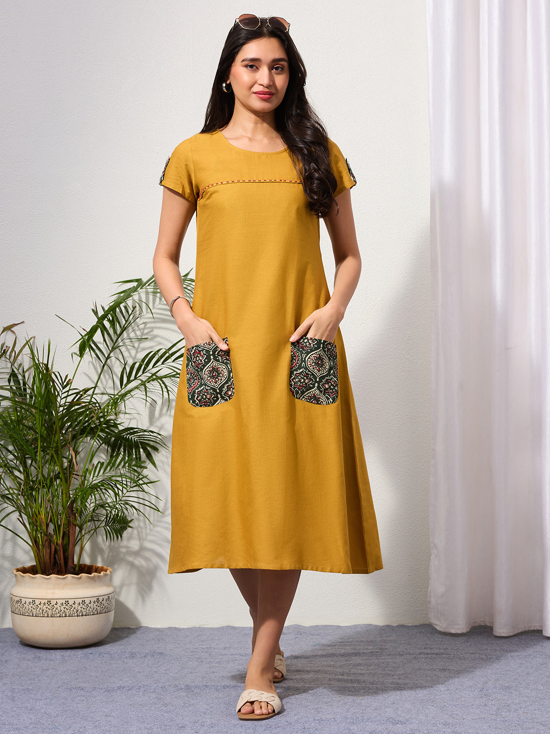 Warm Mustard Cotton Linen Dress with Ajrakh Printed Pockets
