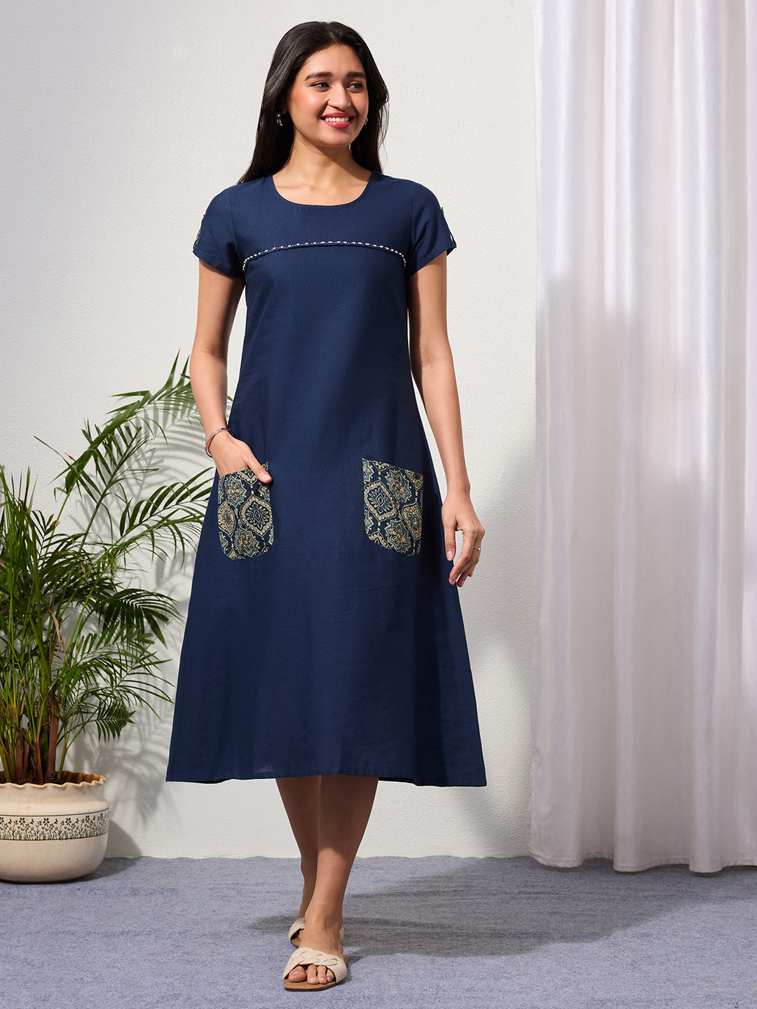 Navy Blue Cotton Linen Dress with Ajrakh Printed Pockets
