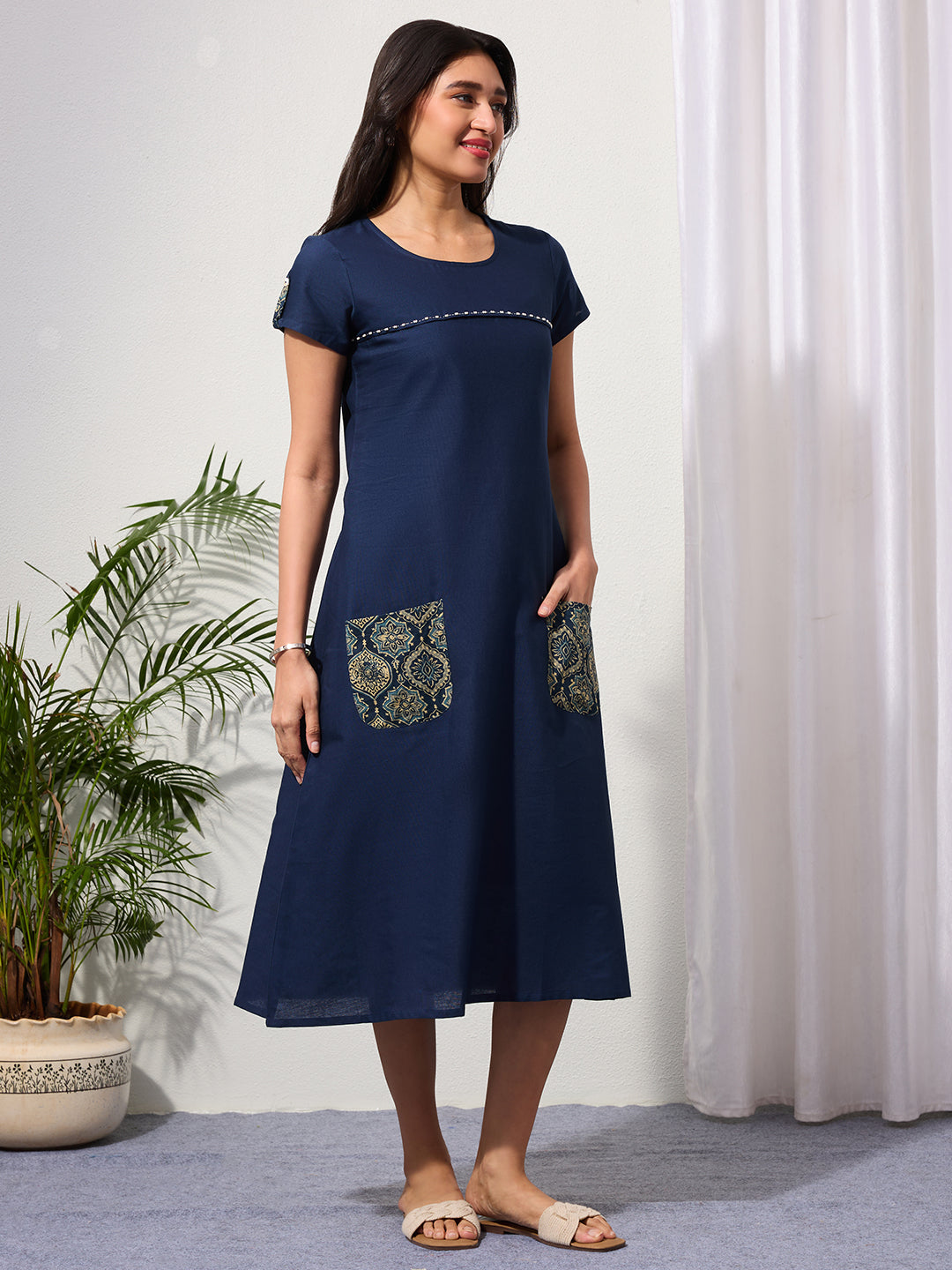 Navy Blue Cotton Linen Dress with Ajrakh Printed Pockets
