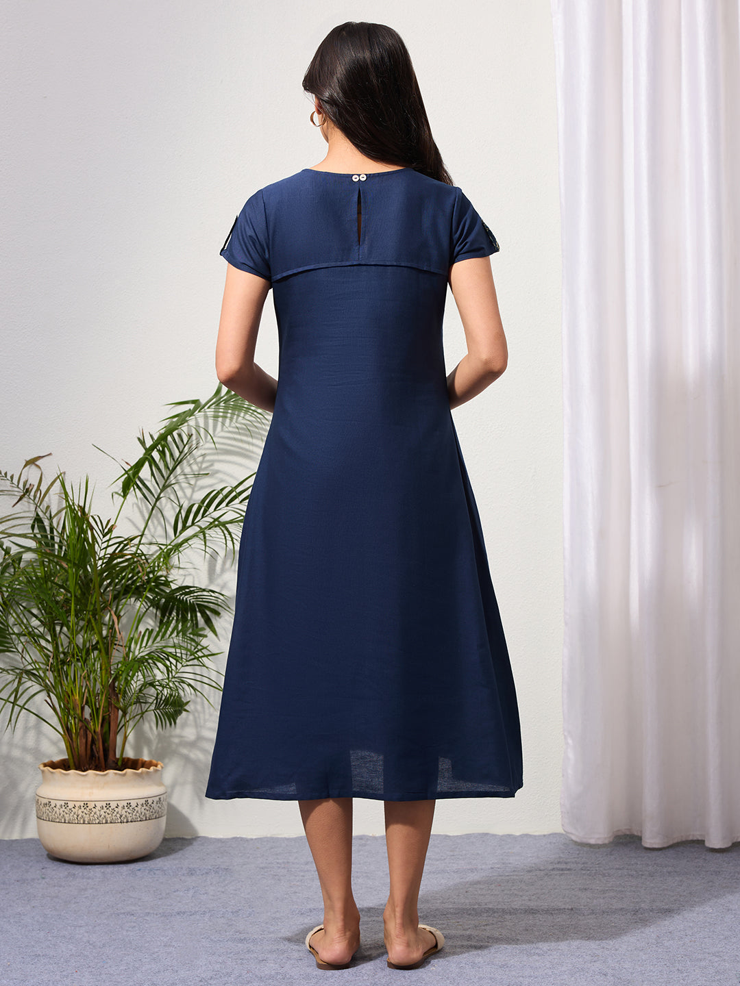 Navy Blue Cotton Linen Dress with Ajrakh Printed Pockets