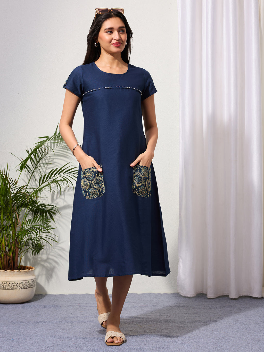 Navy Blue Cotton Linen Dress with Ajrakh Printed Pockets