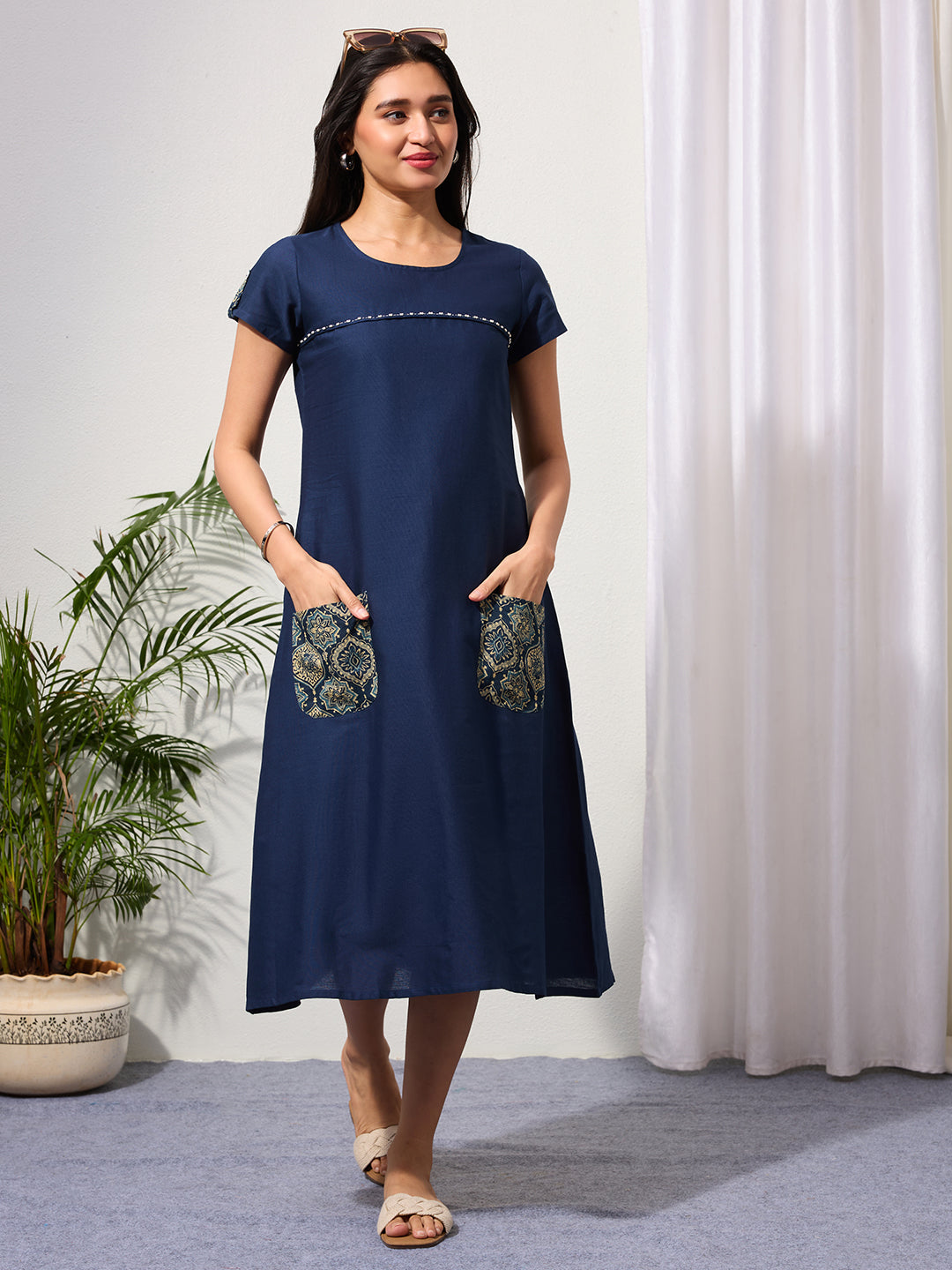 Navy Blue Cotton Linen Dress with Ajrakh Printed Pockets
