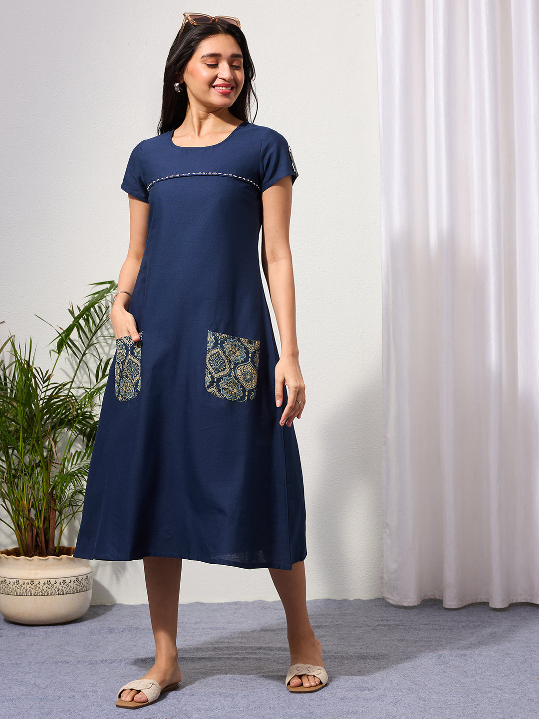 Navy Blue Cotton Linen Dress with Ajrakh Printed Pockets