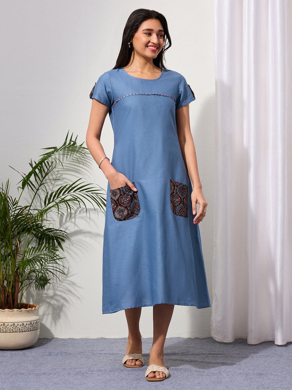 Dusty Blue Cotton Linen Dress with Ajrakh Printed Pockets