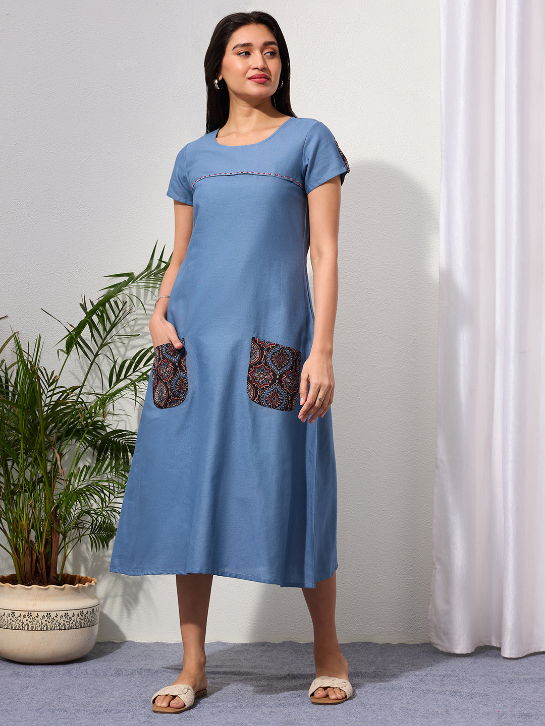 Dusty Blue Cotton Linen Dress with Ajrakh Printed Pockets