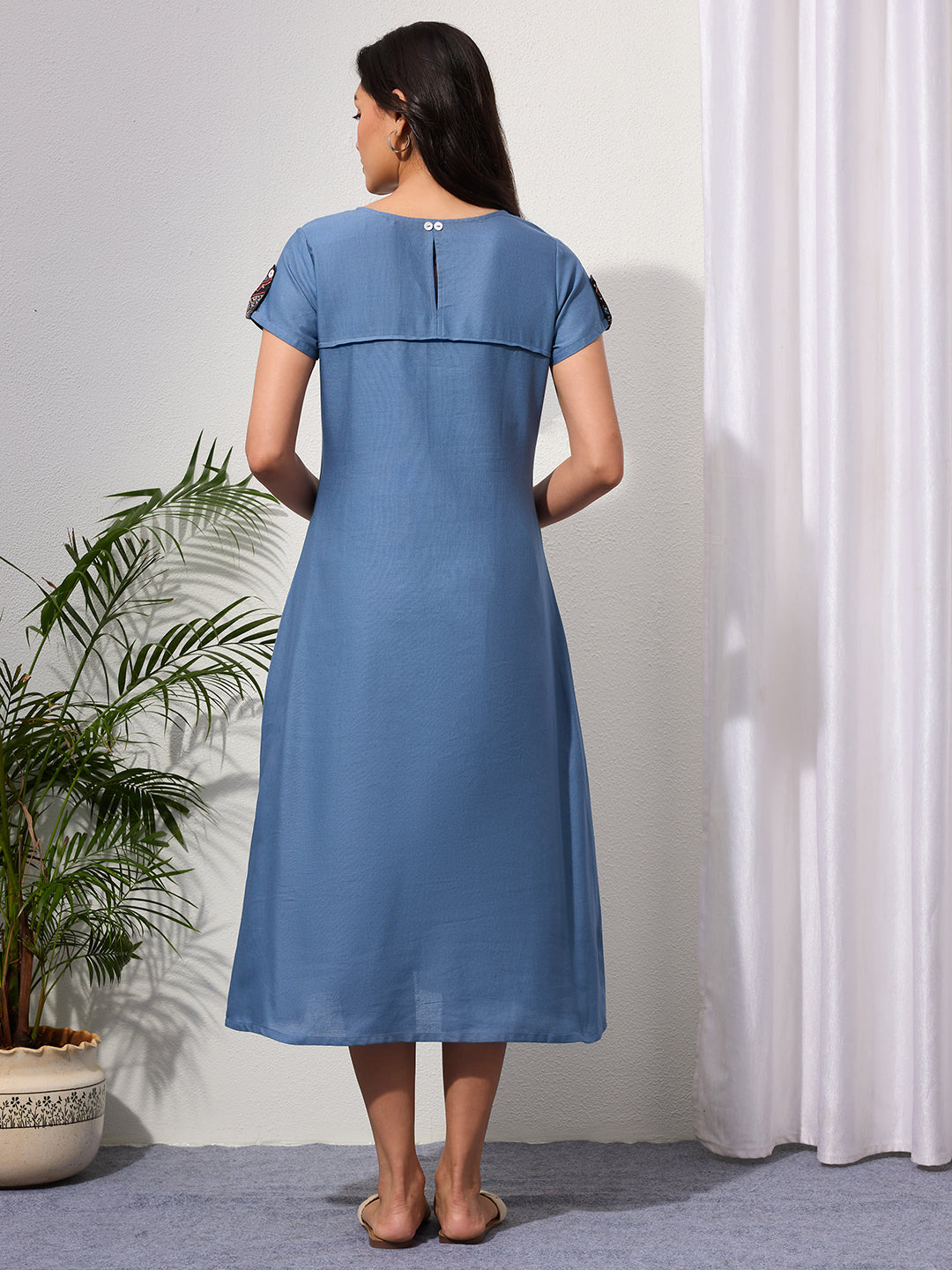 Dusty Blue Cotton Linen Dress with Ajrakh Printed Pockets
