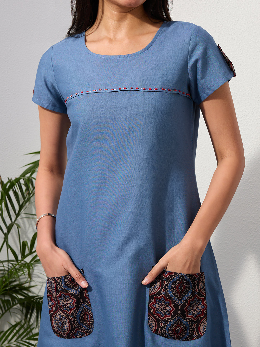 Dusty Blue Cotton Linen Dress with Ajrakh Printed Pockets