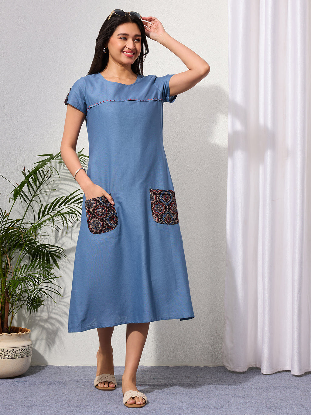 Dusty Blue Cotton Linen Dress with Ajrakh Printed Pockets