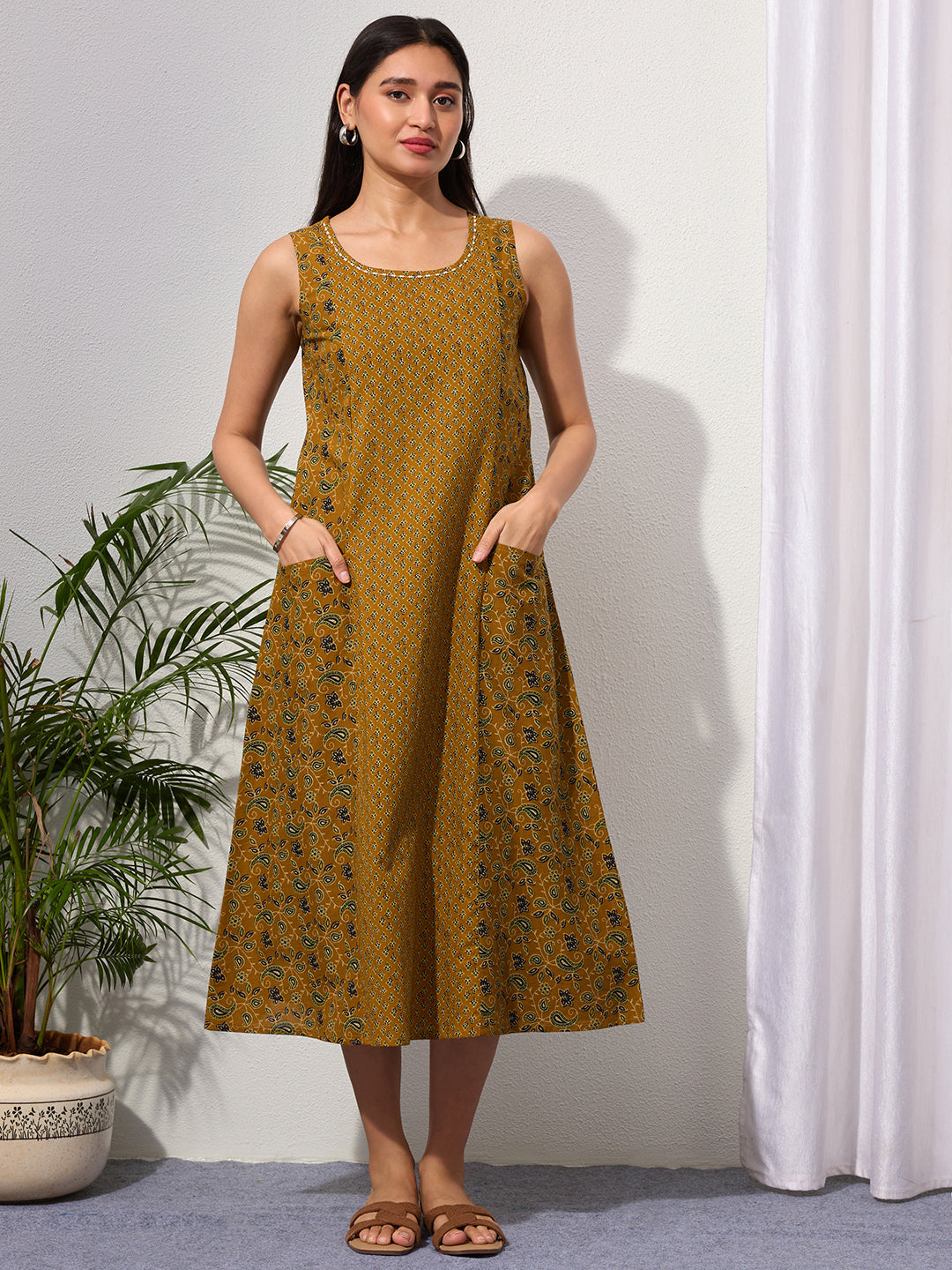 Mustard Paisley & Buti Print Cotton Sleeveless Dress with Front Pockets