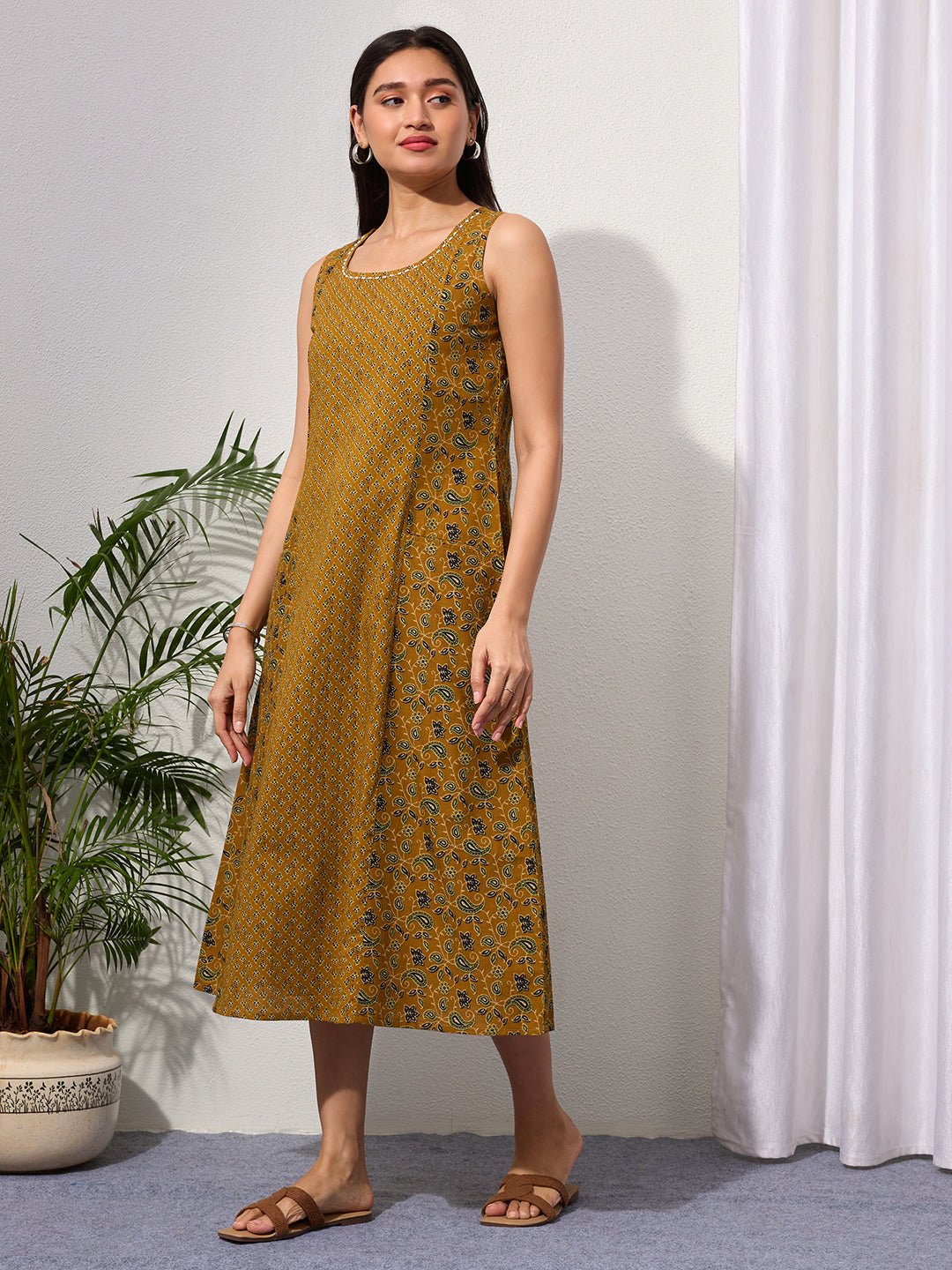 Mustard Paisley & Buti Print Cotton Sleeveless Dress with Front Pockets