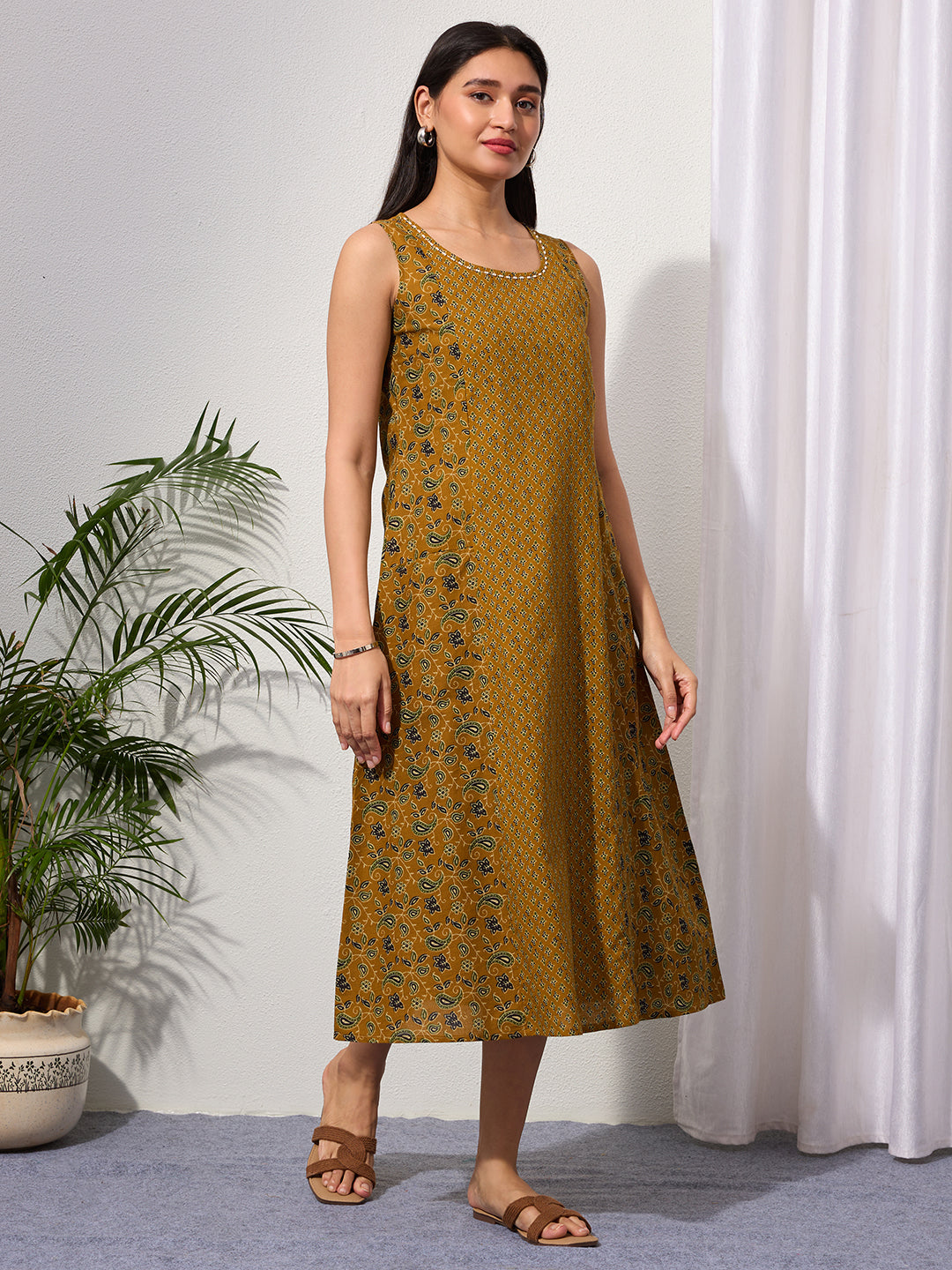 Mustard Paisley & Buti Print Cotton Sleeveless Dress with Front Pockets