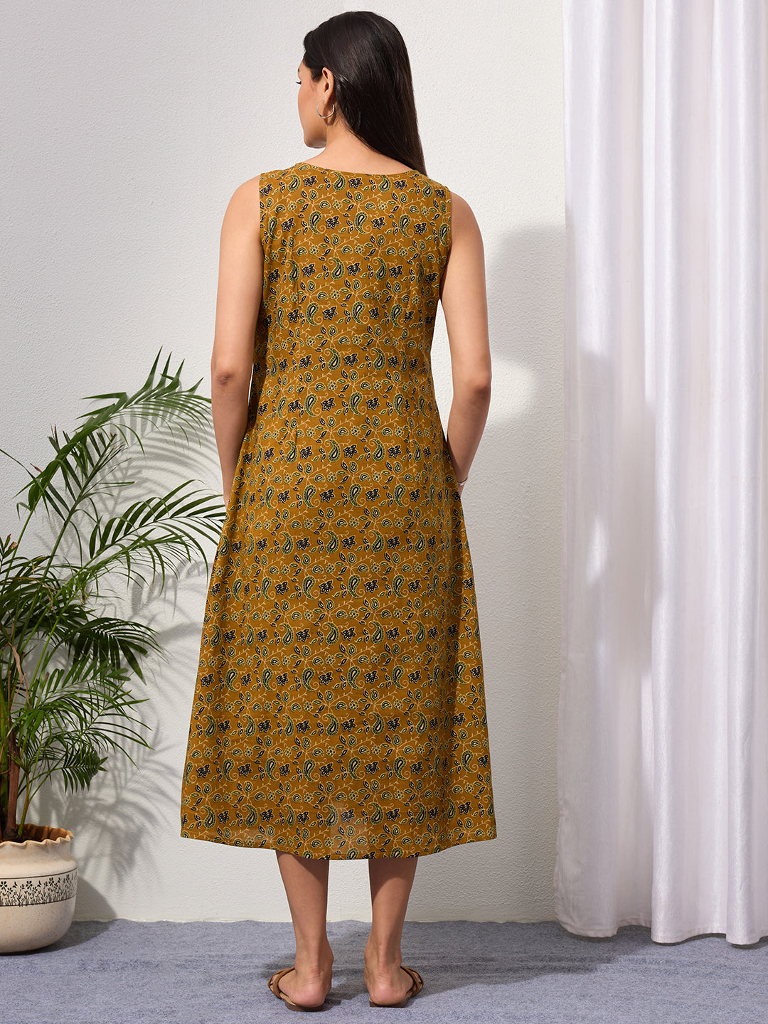 Mustard Paisley & Buti Print Cotton Sleeveless Dress with Front Pockets