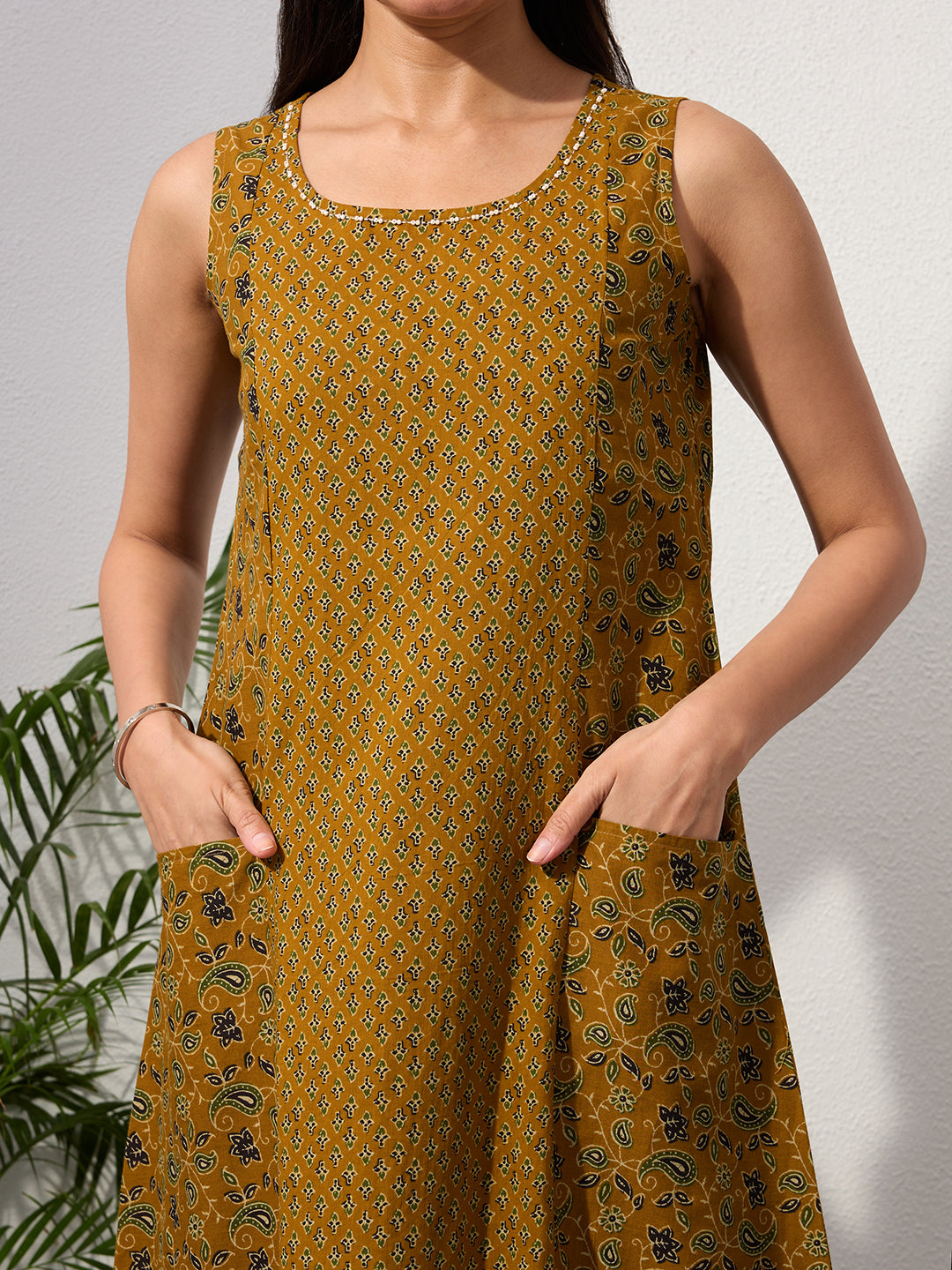 Mustard Paisley & Buti Print Cotton Sleeveless Dress with Front Pockets