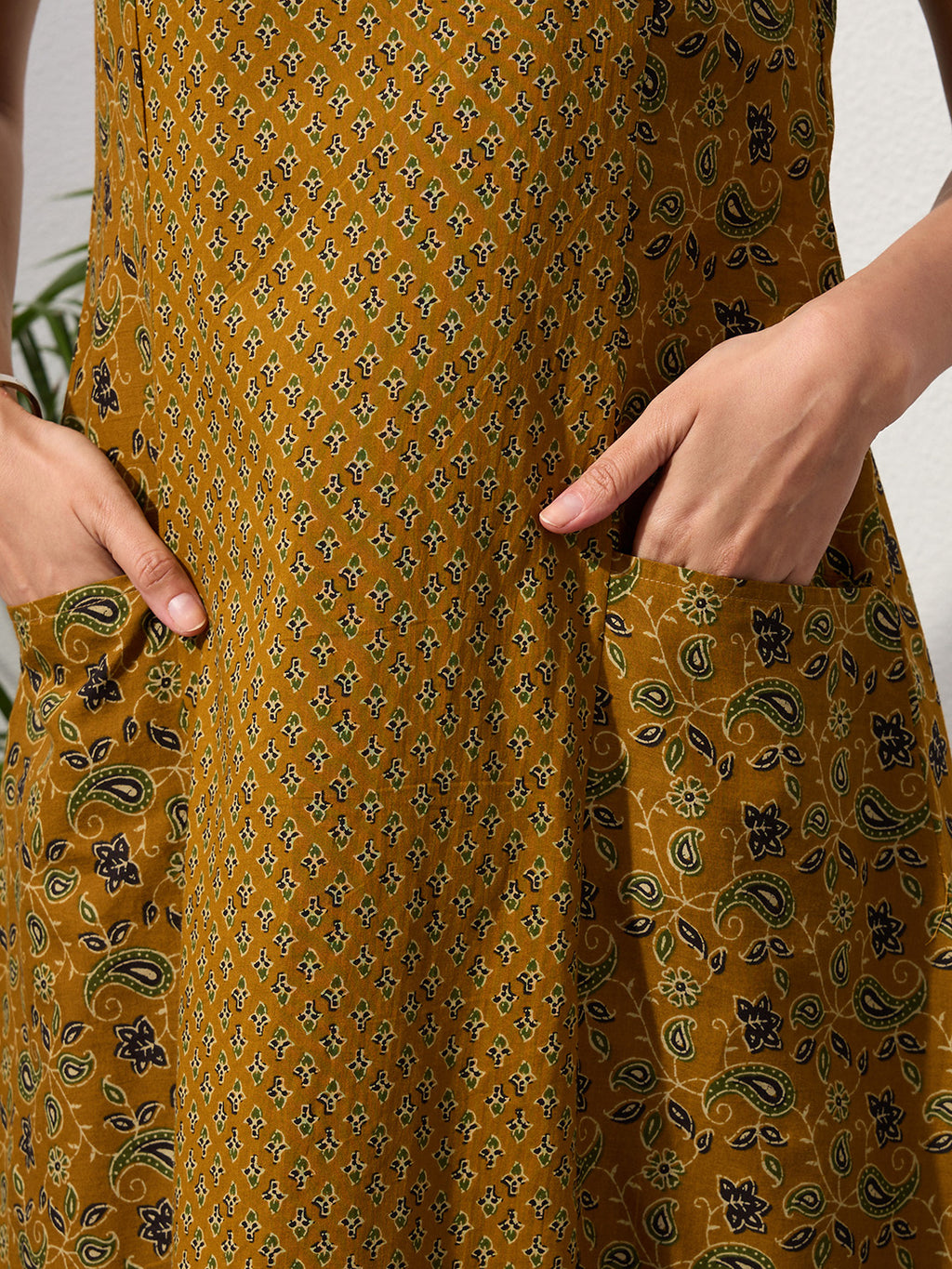 Mustard Paisley & Buti Print Cotton Sleeveless Dress with Front Pockets