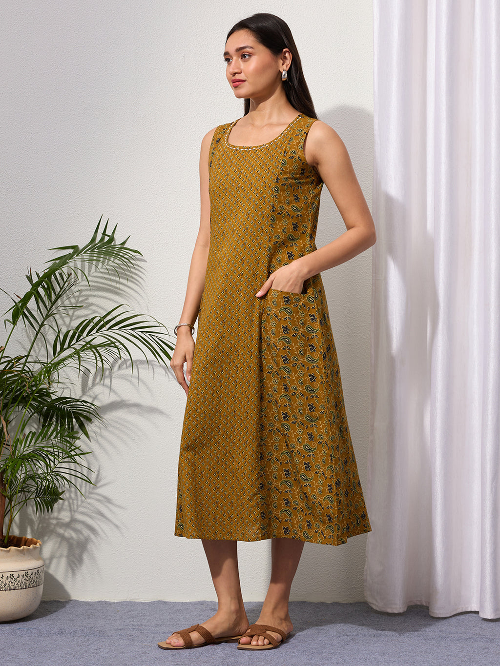 Mustard Paisley & Buti Print Cotton Sleeveless Dress with Front Pockets