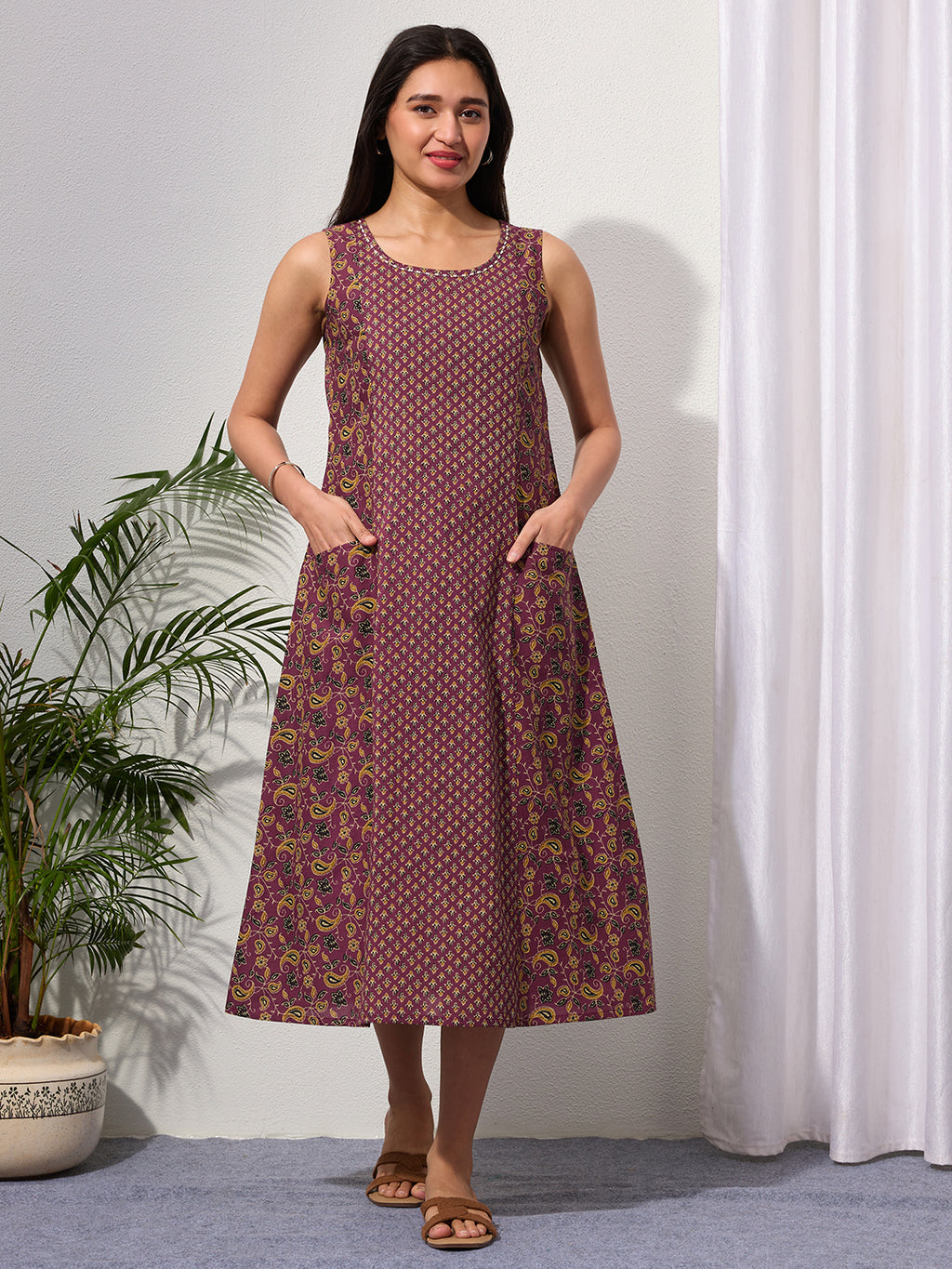 Mauve Wine Paisley & Buti Print Cotton Sleeveless Dress with Front Pockets