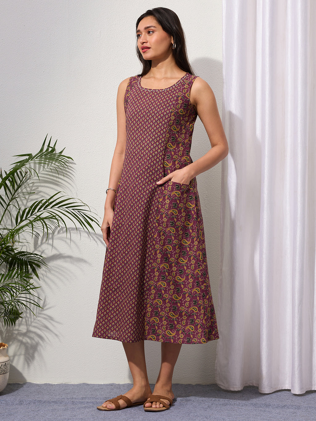 Mauve Wine Paisley & Buti Print Cotton Sleeveless Dress with Front Pockets