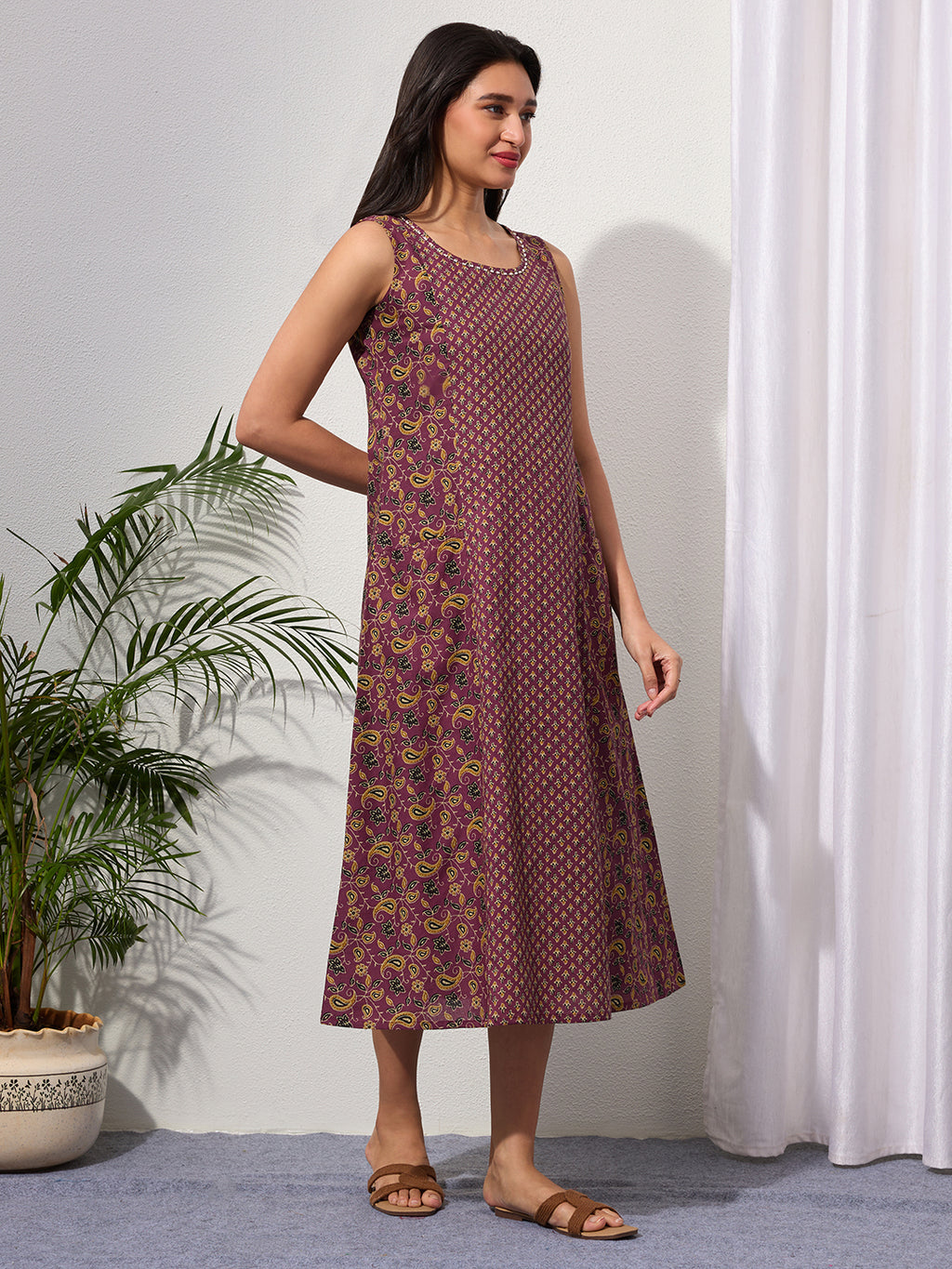 Mauve Wine Paisley & Buti Print Cotton Sleeveless Dress with Front Pockets