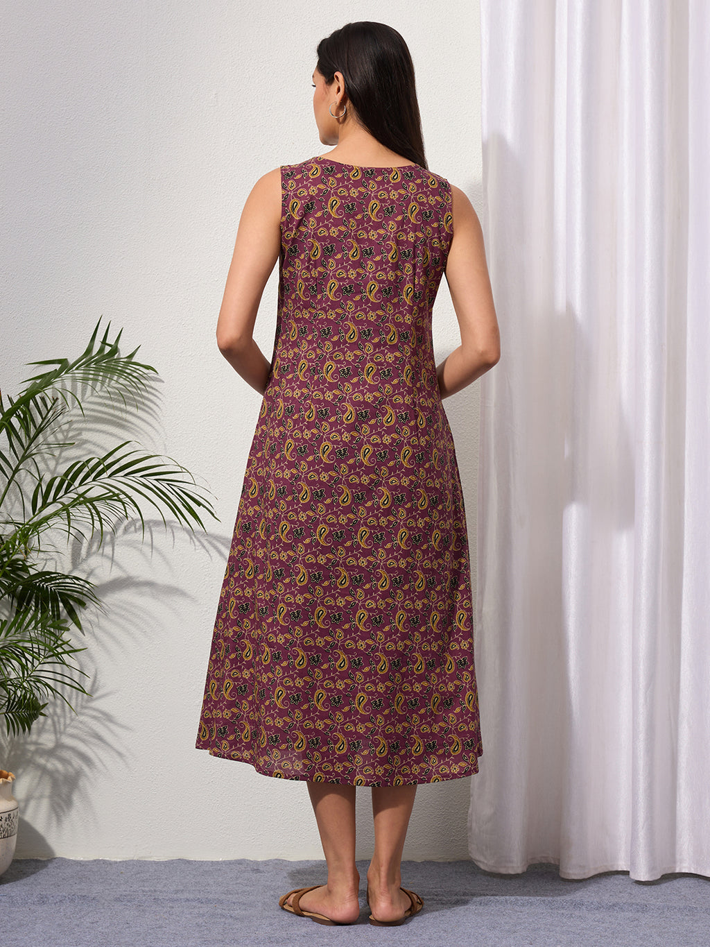 Mauve Wine Paisley & Buti Print Cotton Sleeveless Dress with Front Pockets