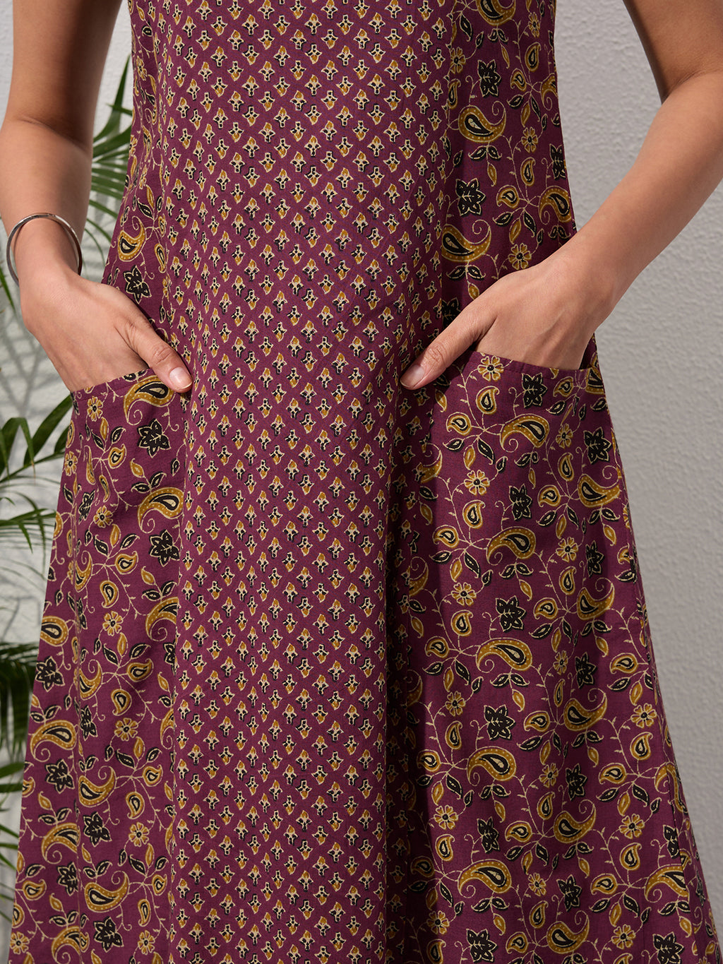 Mauve Wine Paisley & Buti Print Cotton Sleeveless Dress with Front Pockets