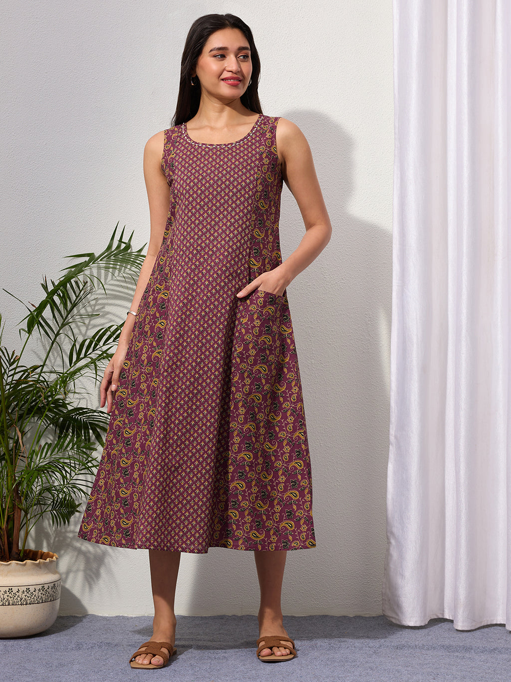 Mauve Wine Paisley & Buti Print Cotton Sleeveless Dress with Front Pockets